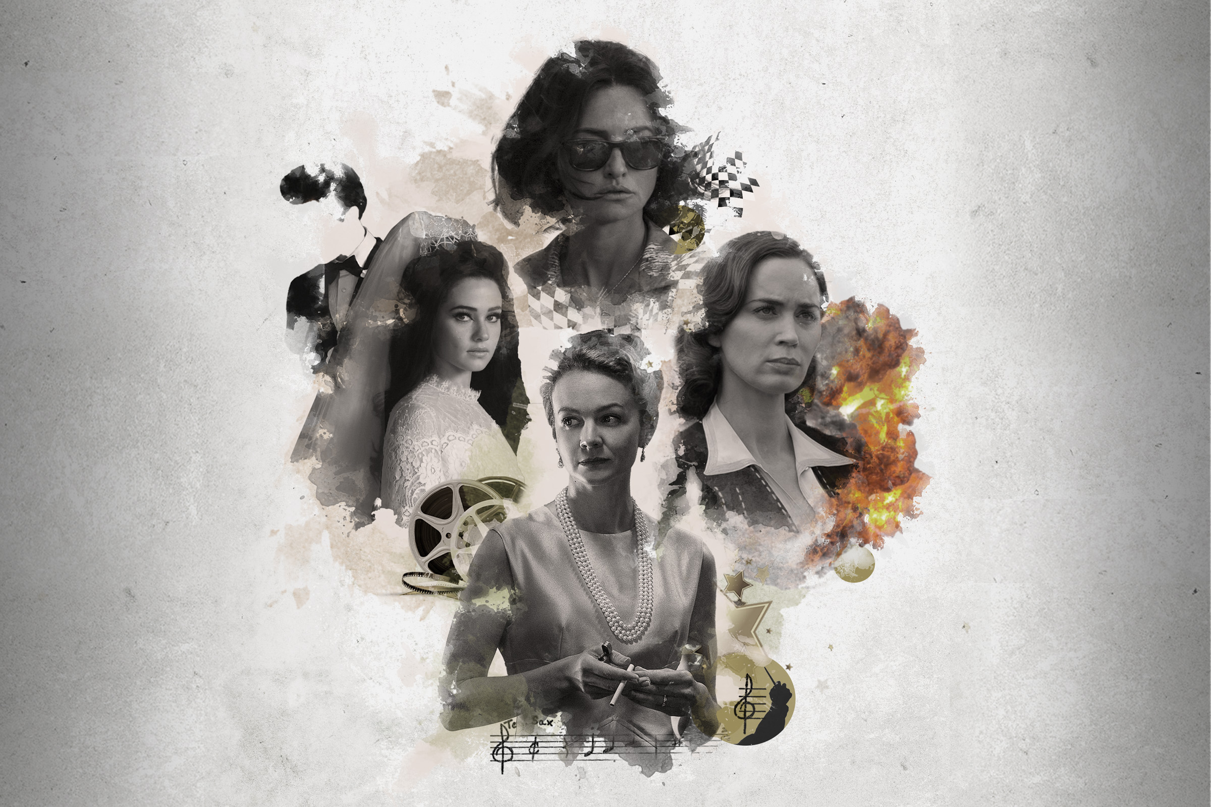 Clockwise from top, Penelope Cruz in <i>Ferrari</i>, Emily Blunt in <i>Oppenheimer</i>, Carey Mulligan in <i>Maestro</i>, and Cailee Spaeny in <i>Priscilla</i>