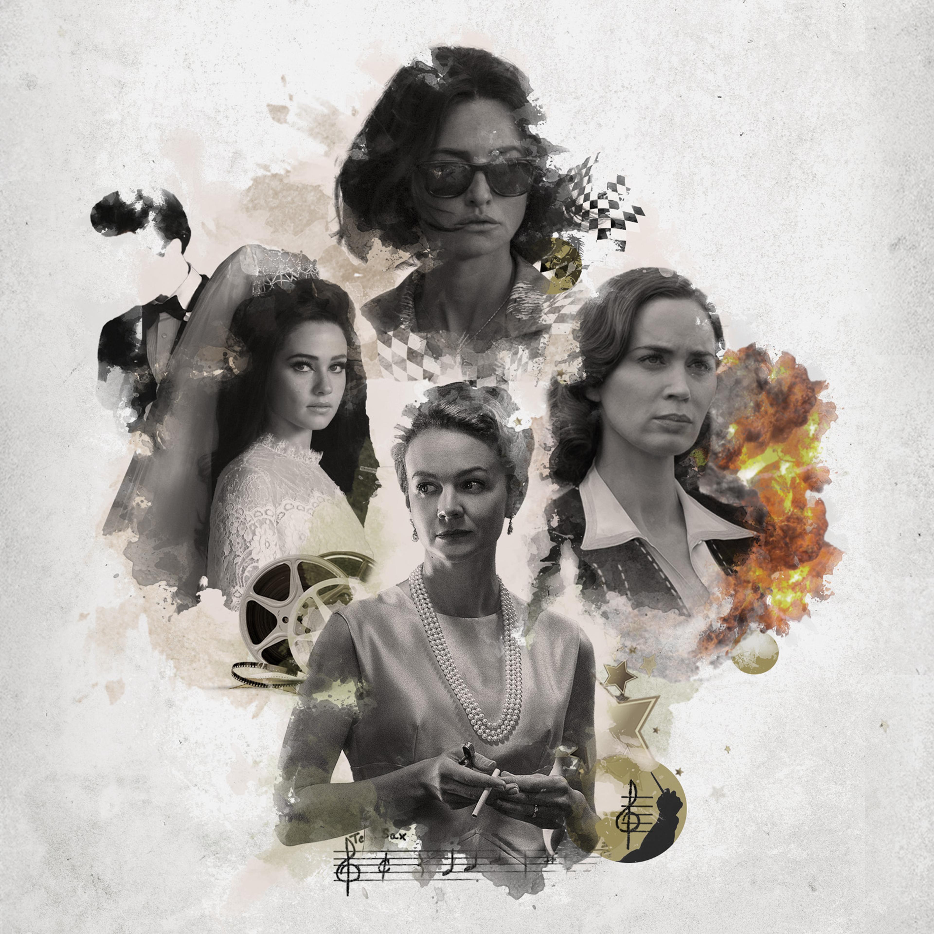 Clockwise from top, Penelope Cruz in <i>Ferrari</i>, Emily Blunt in <i>Oppenheimer</i>, Carey Mulligan in <i>Maestro</i>, and Cailee Spaeny in <i>Priscilla</i>