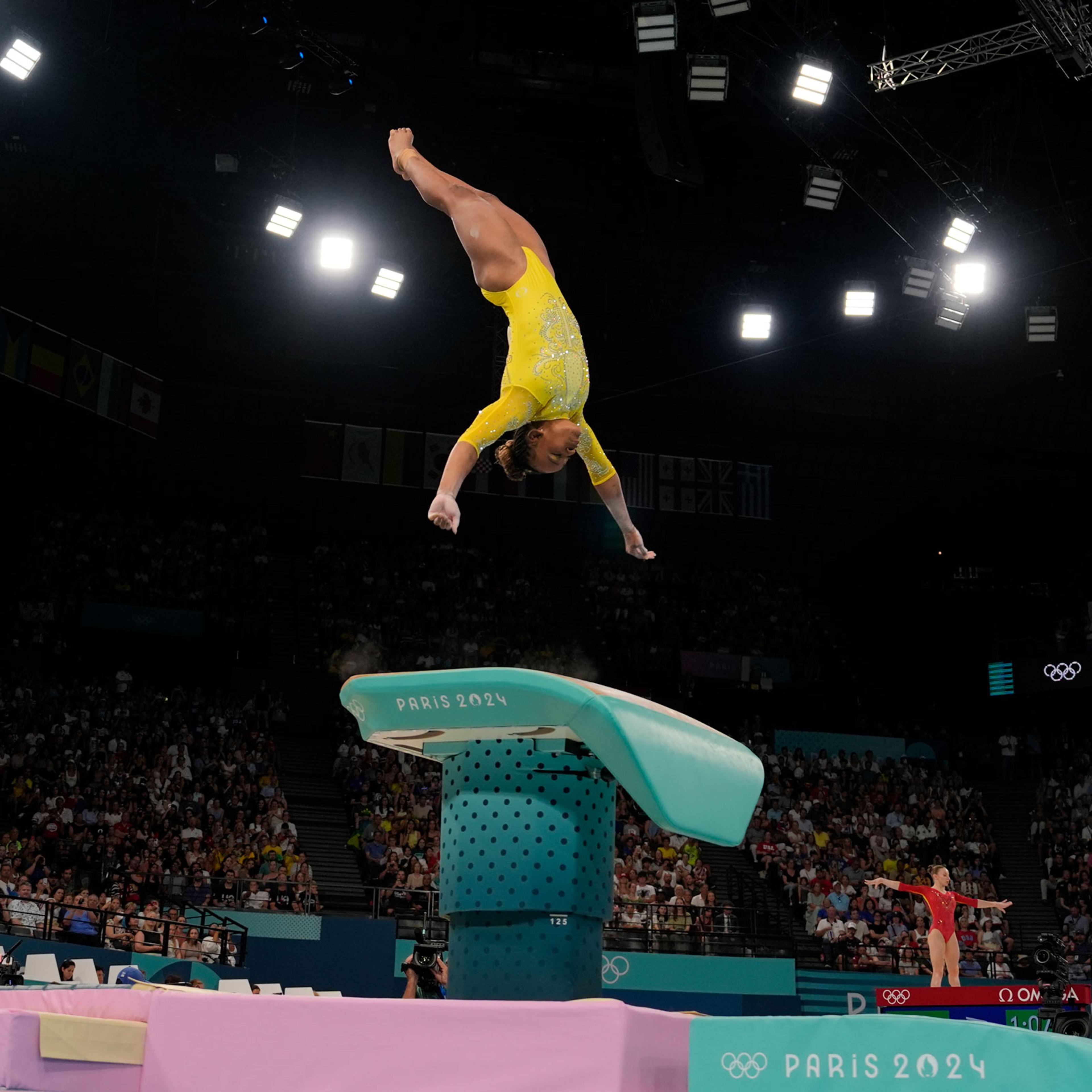 Rebeca Andrade, of Brazil, performs on the vault during the women’s artistic gymnastics all-around finals in Bercy Arena at the 2024 Summer Olympics, on Aug. 1, 2024.