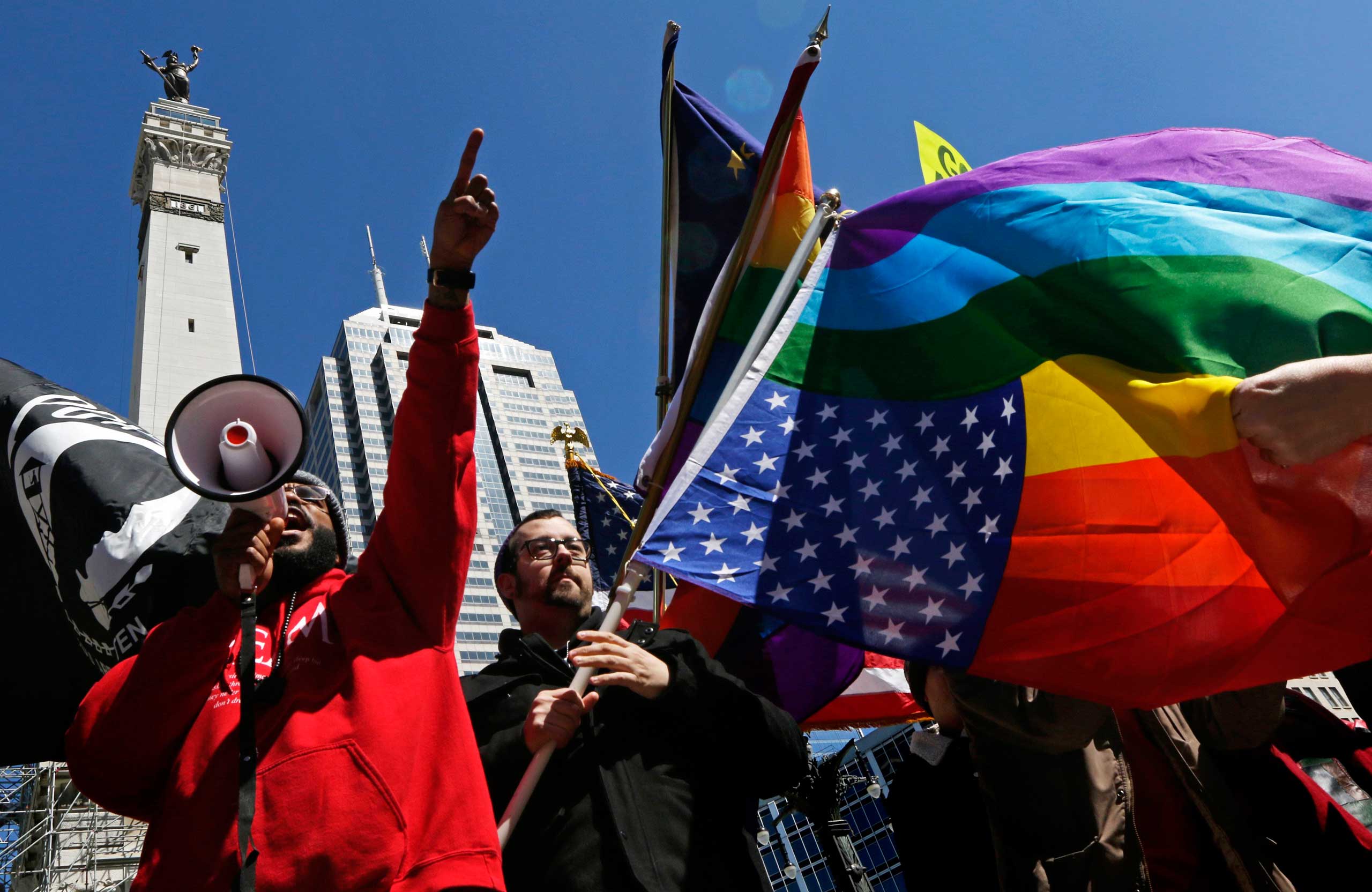 Demonstrators gathered at the Indiana State Capital to protest the Religious Freedom Restoration Act in Indianapolis on March 28, 2015.