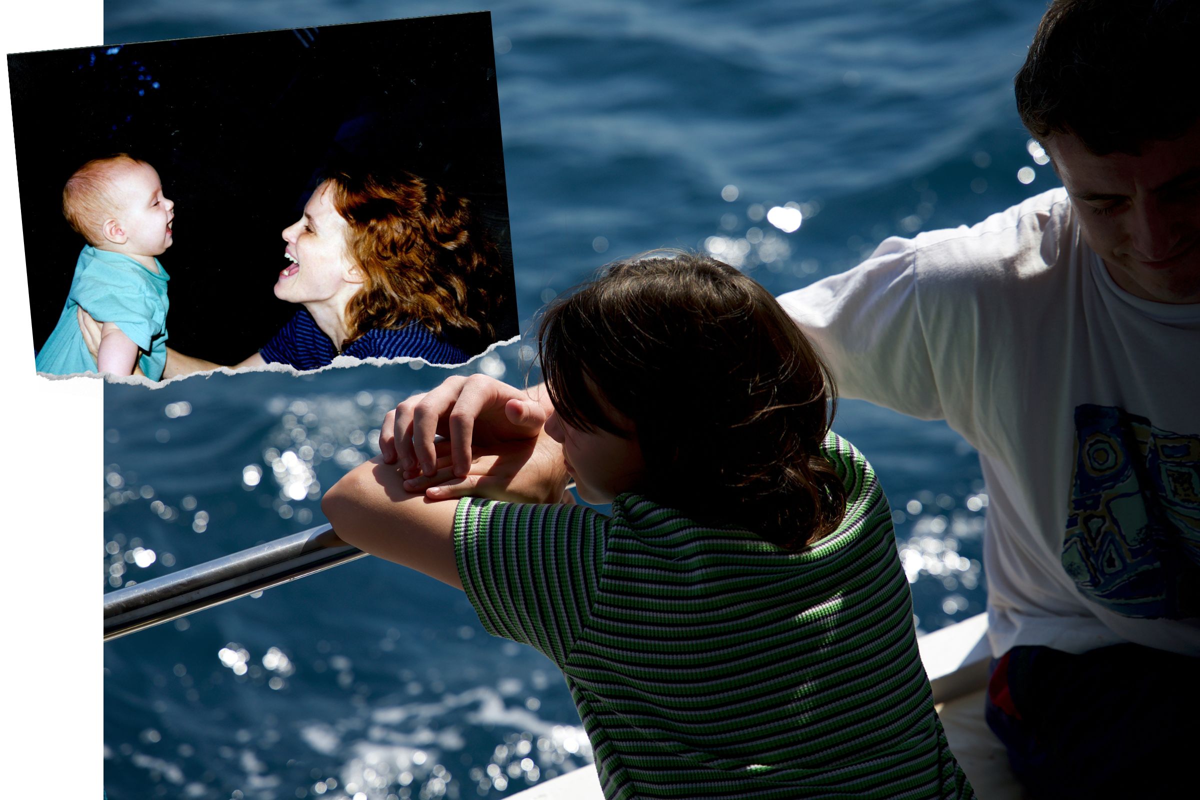 In one, smaller image collaged over a film still, a mother holds up her baby, and they grin at each other
