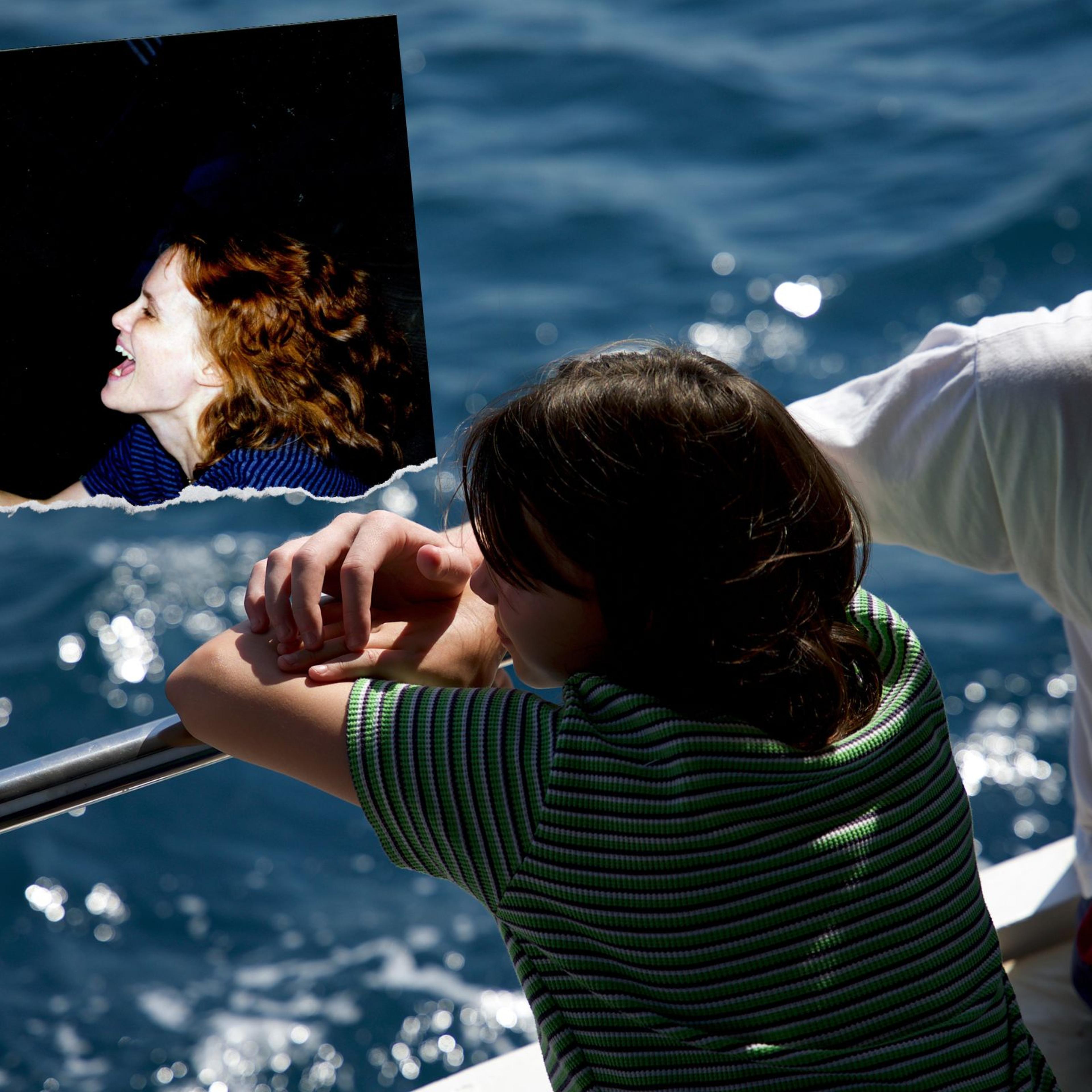 In one, smaller image collaged over a film still, a mother holds up her baby, and they grin at each other