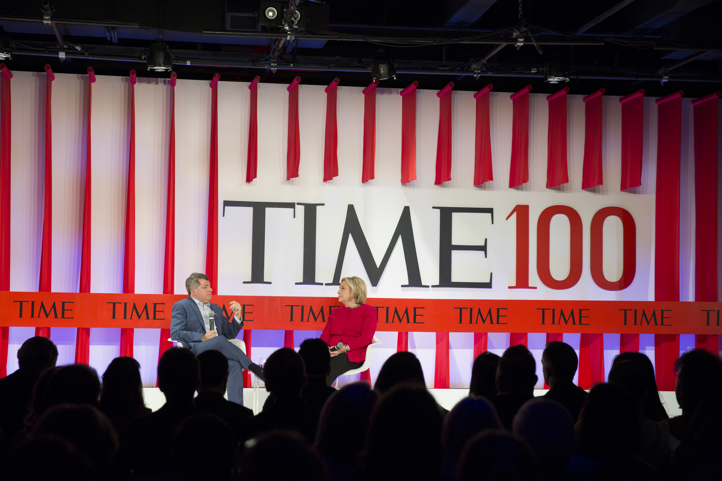 Former U.S. Secretary of State Hillary Clinton talks to Editor-in-Chief and CEO of TIME Edward Felsenthal about creating a better future  at the TIME 100 Summit in New York, on April 23, 2019.