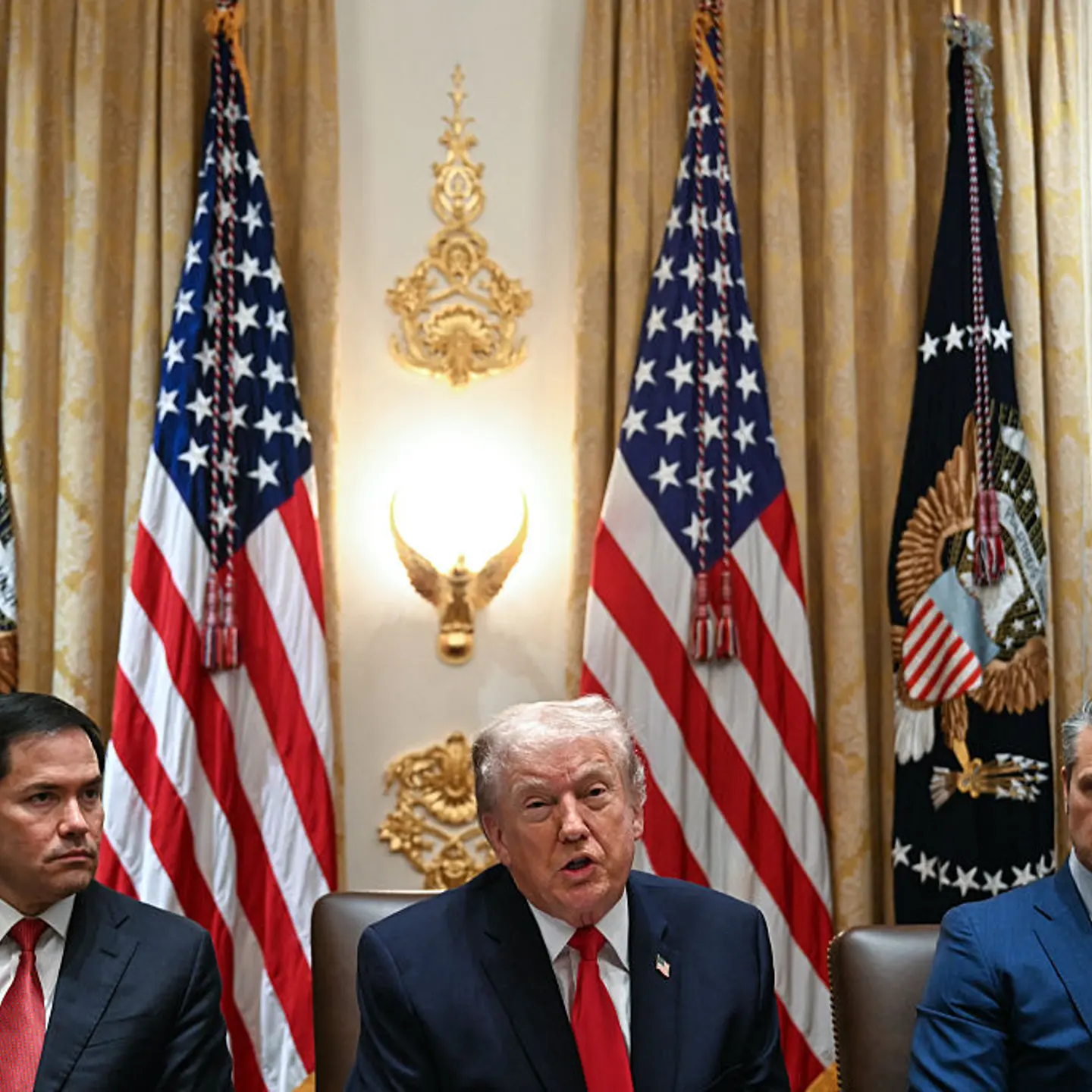 Donald Trump speaks alongside Marco Rubio and Pete Hegseth