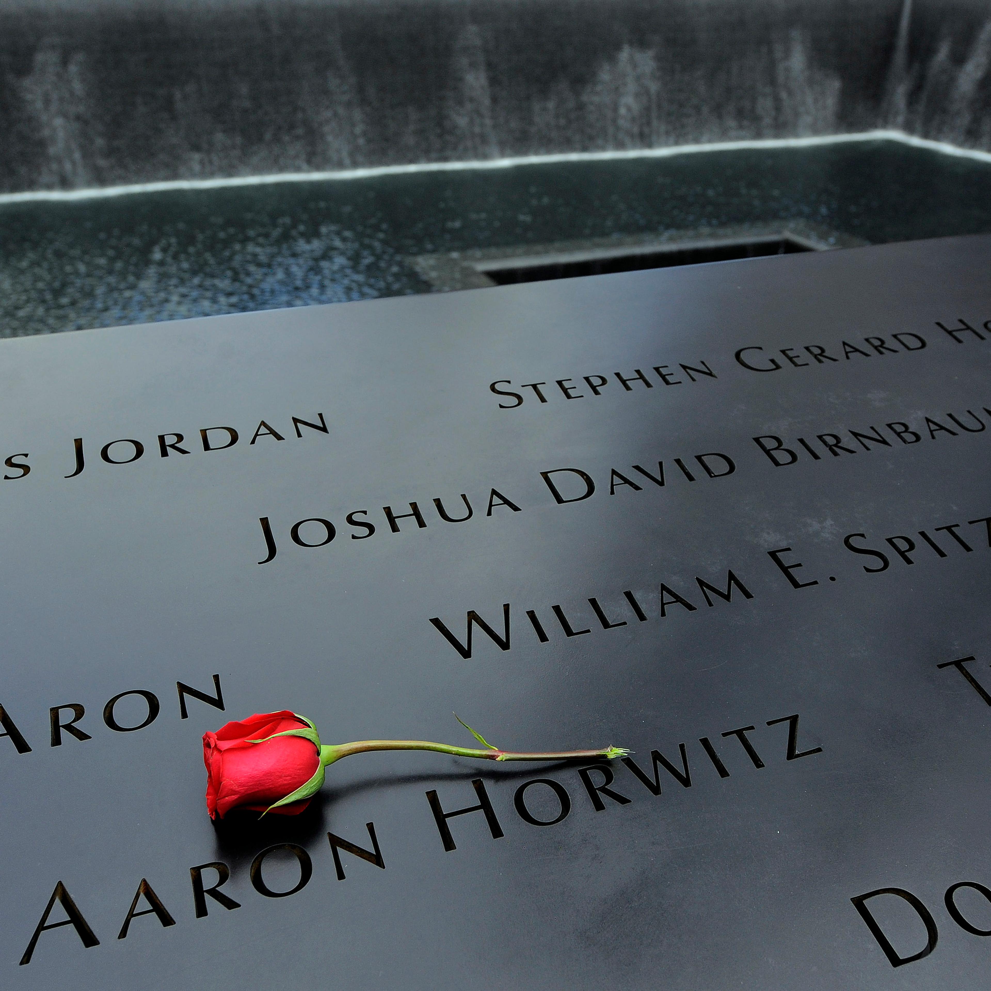 A rose is placed on the names inscribed around the North Pool of the 9/11 Memorial during tenth anniversary ceremonies at the site of the World Trade Center in New York on Sept. 11, 2011.