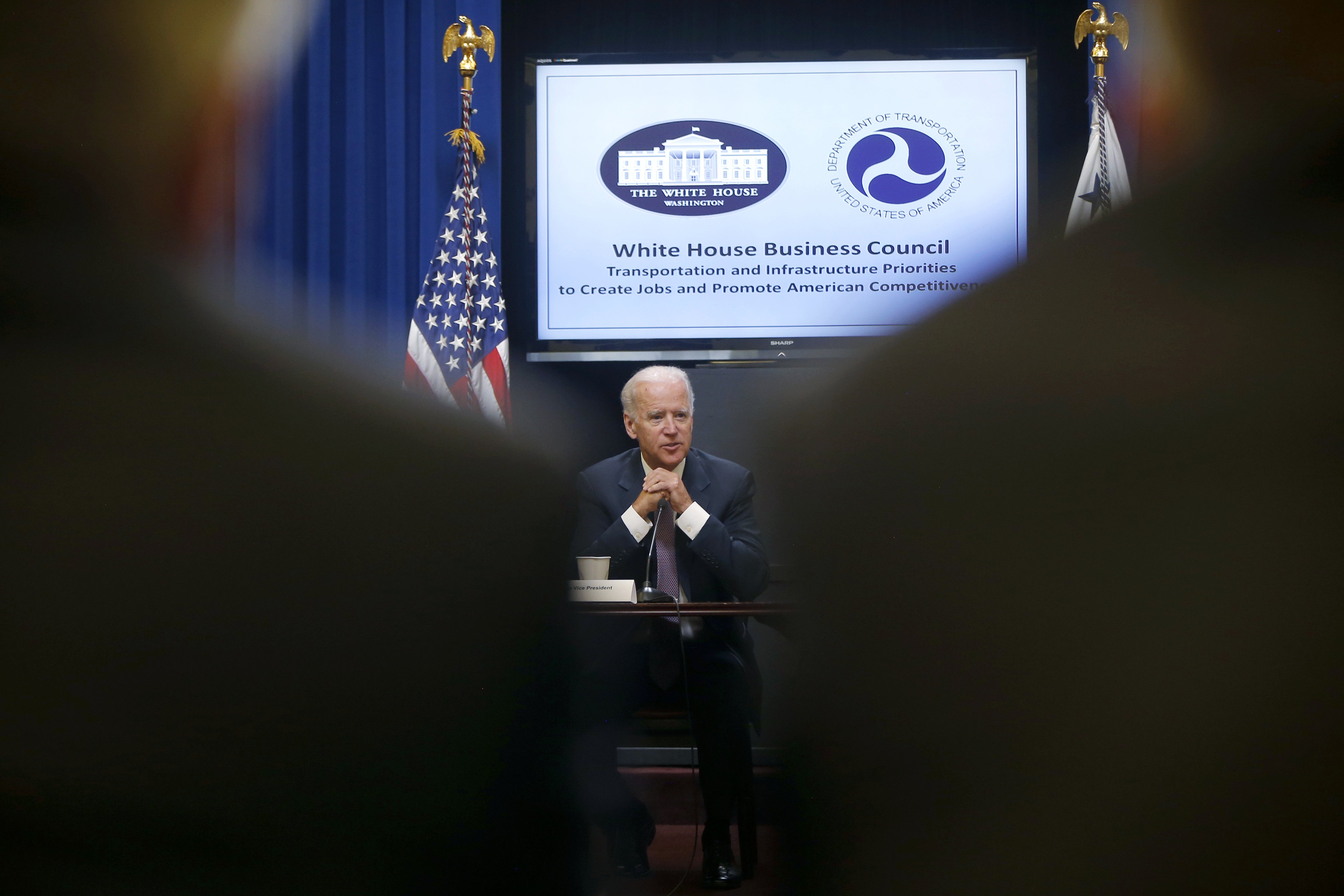 Vice President Joe Biden speaks to government and business officials about transportation infrastructure and the Highway Trust Fund at a meeting hosted by the White House Business Council, Wednesday, July 9, 2014, in the Eisenhower Executive Office Build