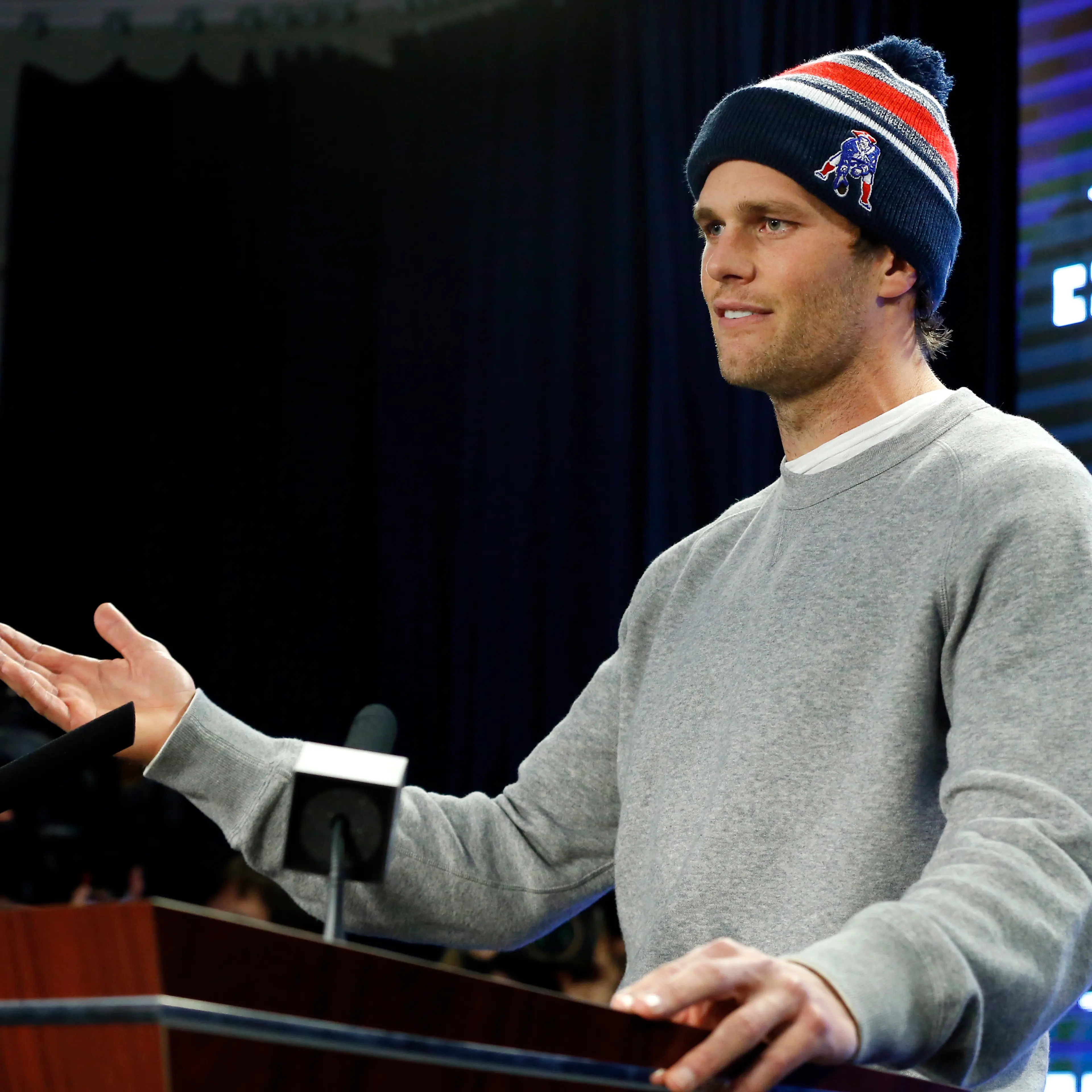 In this Jan. 22, 2015, file photo, New England Patriots quarterback Tom Brady speaks at a news conference about the NFL investigation into deflated footballs, in Foxborough, Mass.
