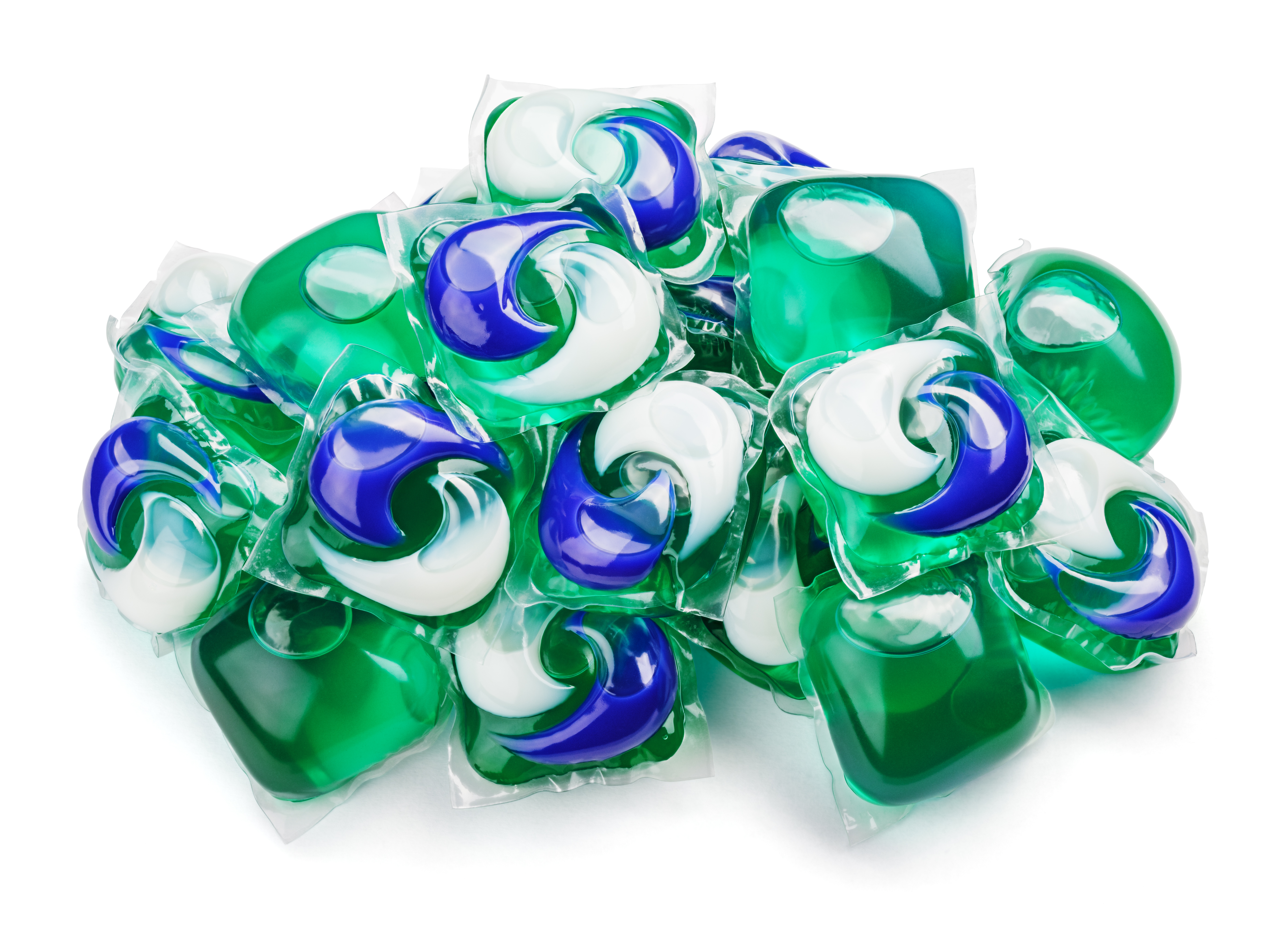 gel capsule pods with laundry detergent on white