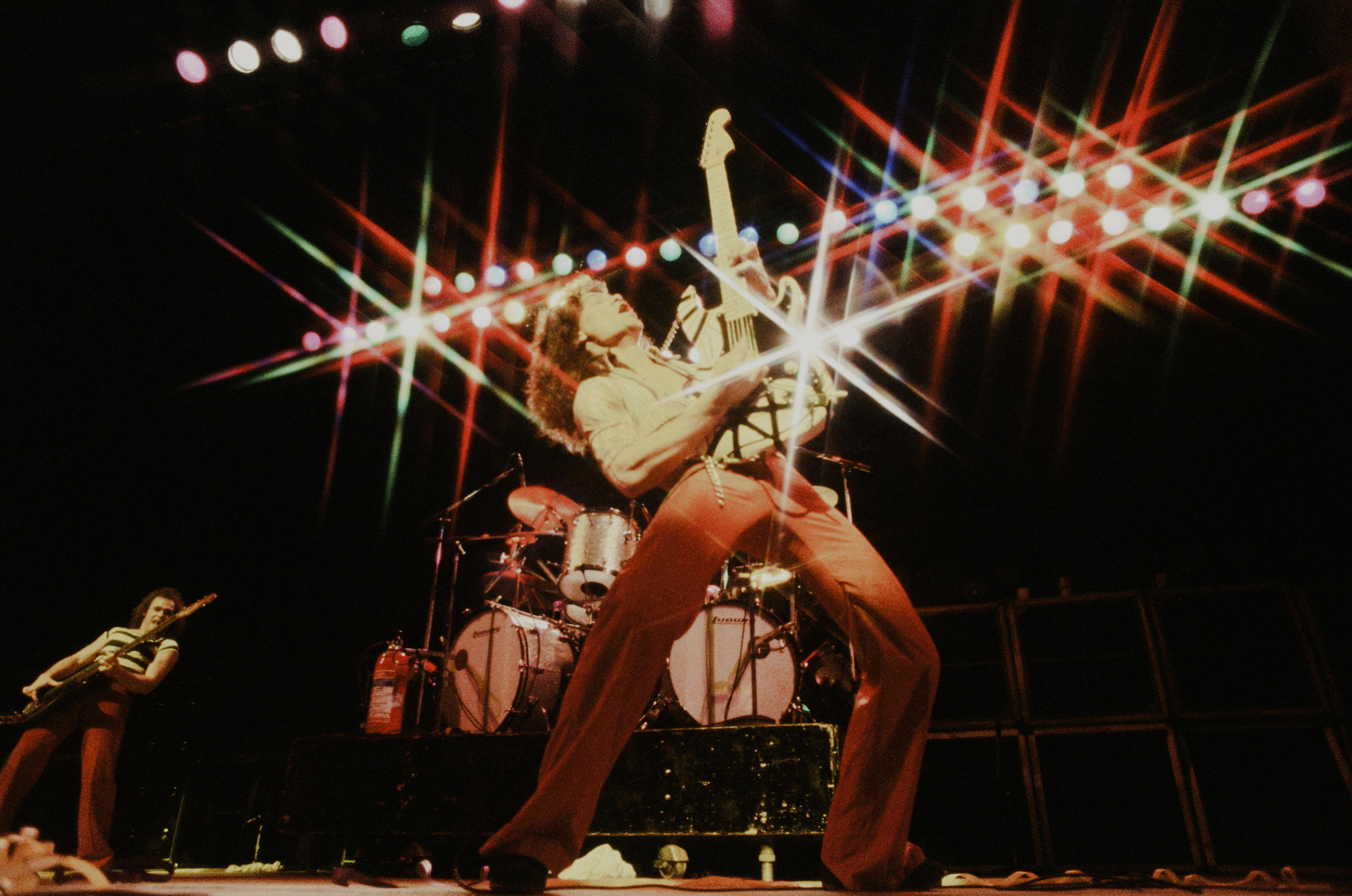Eddie Van Halen striking a pose at the Kouseinennkinn-kaikan, Tokyo, June 1978