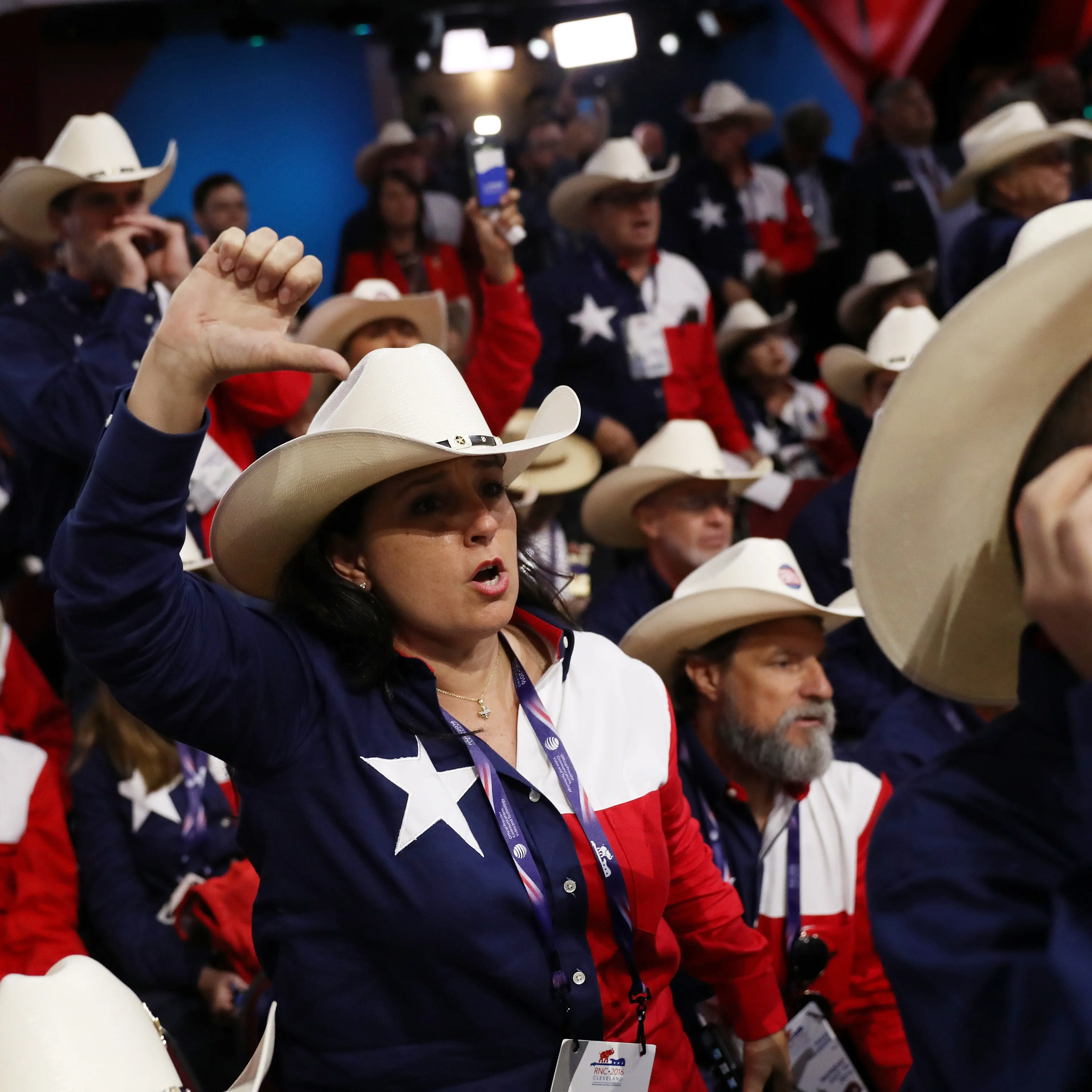 Delegates from Texas oppose a roll call vote on the floor during on the first day of the Republican National Convention on July 18, 2016 at the Quicken Loans Arena in Cleveland.