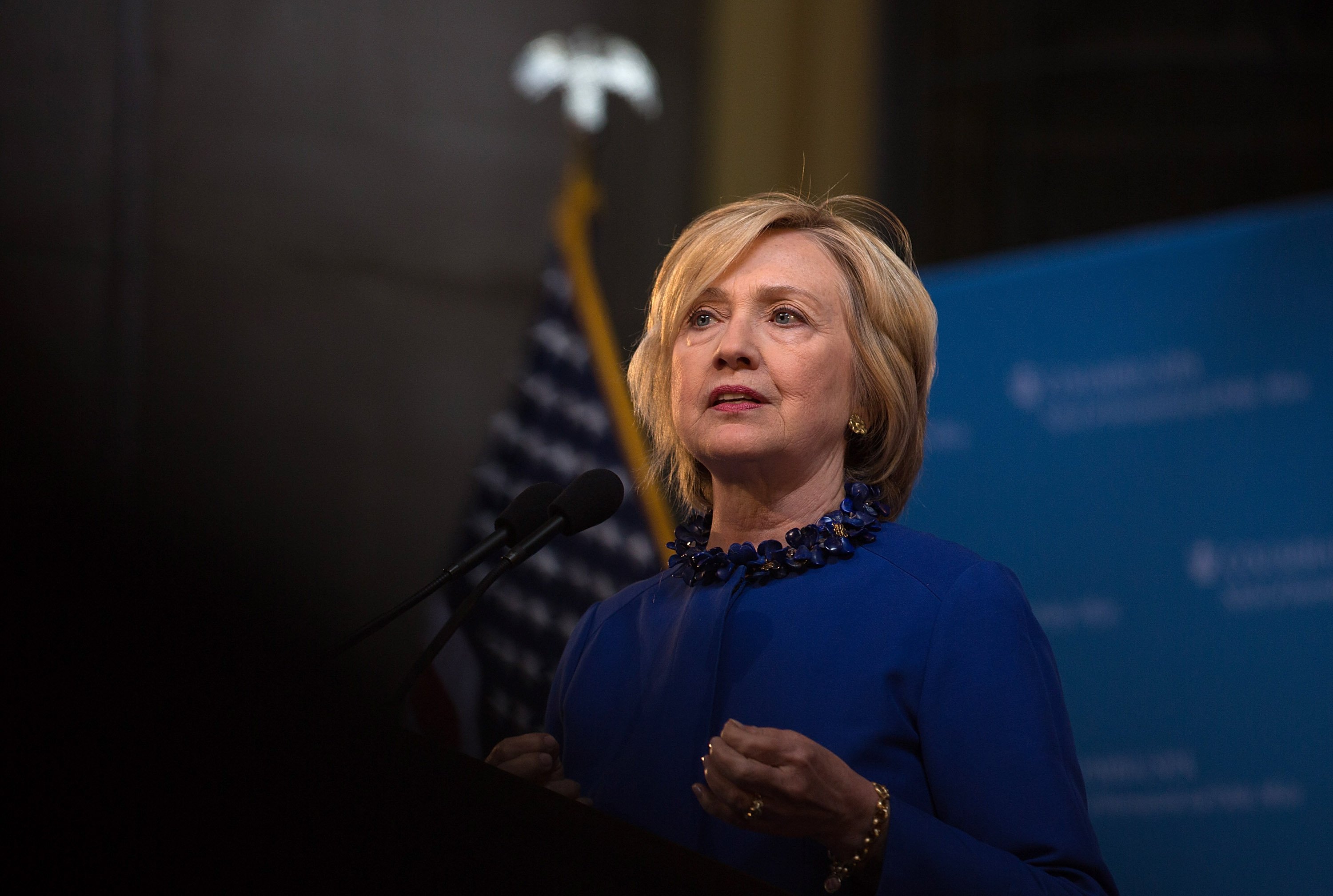 Democratic presidential hopeful and former Secretary of State Hillary Clinton speaks during the David N. Dinkins Leadership and Public Policy Forum at Columbia University on April 29, 2015 in New York City.