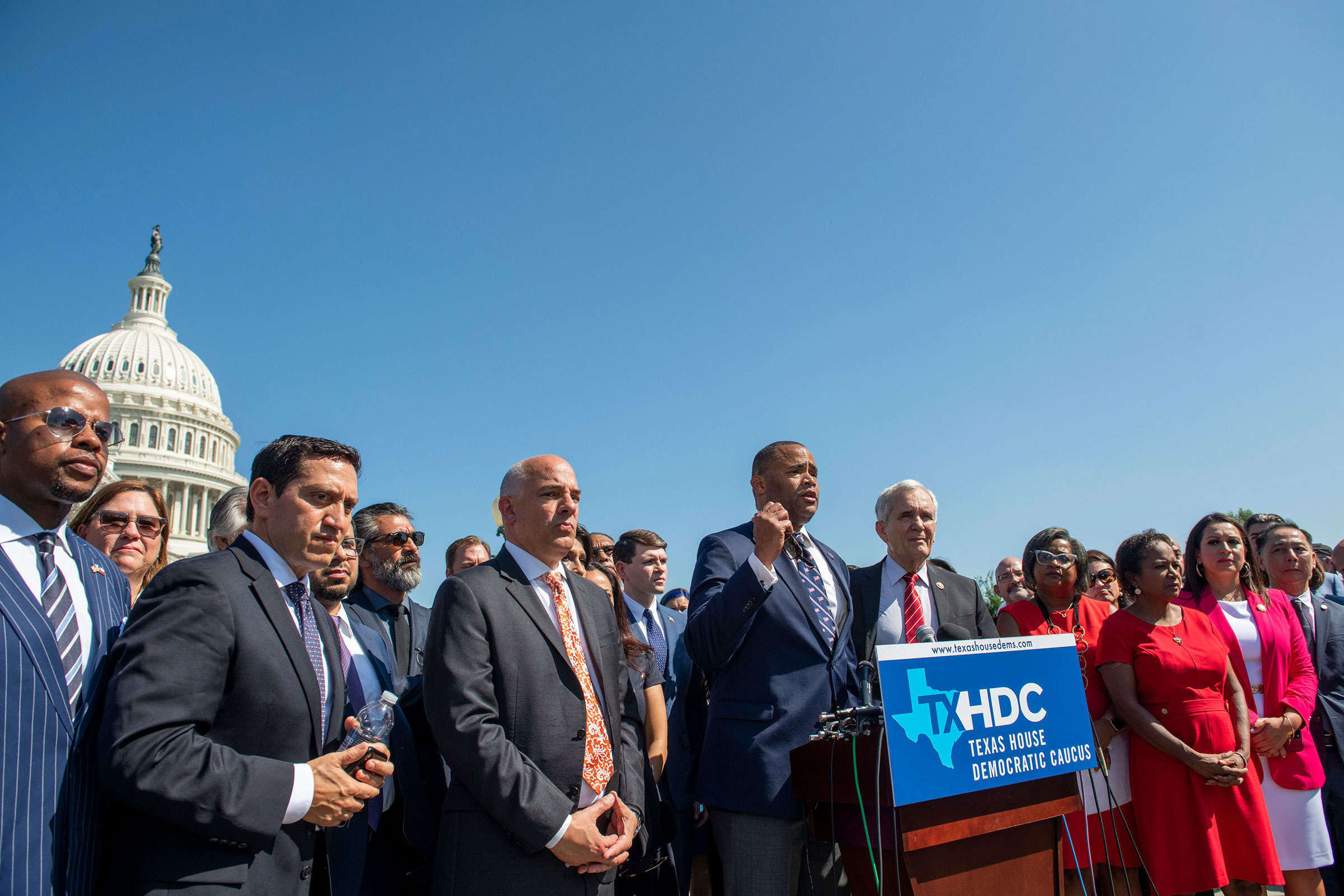 Congressmen Rep. Marc Veasey speaks alongside Texas state House Democrats during a news conference on voting rights outside the Capitol in Washington on July 13, 2021.