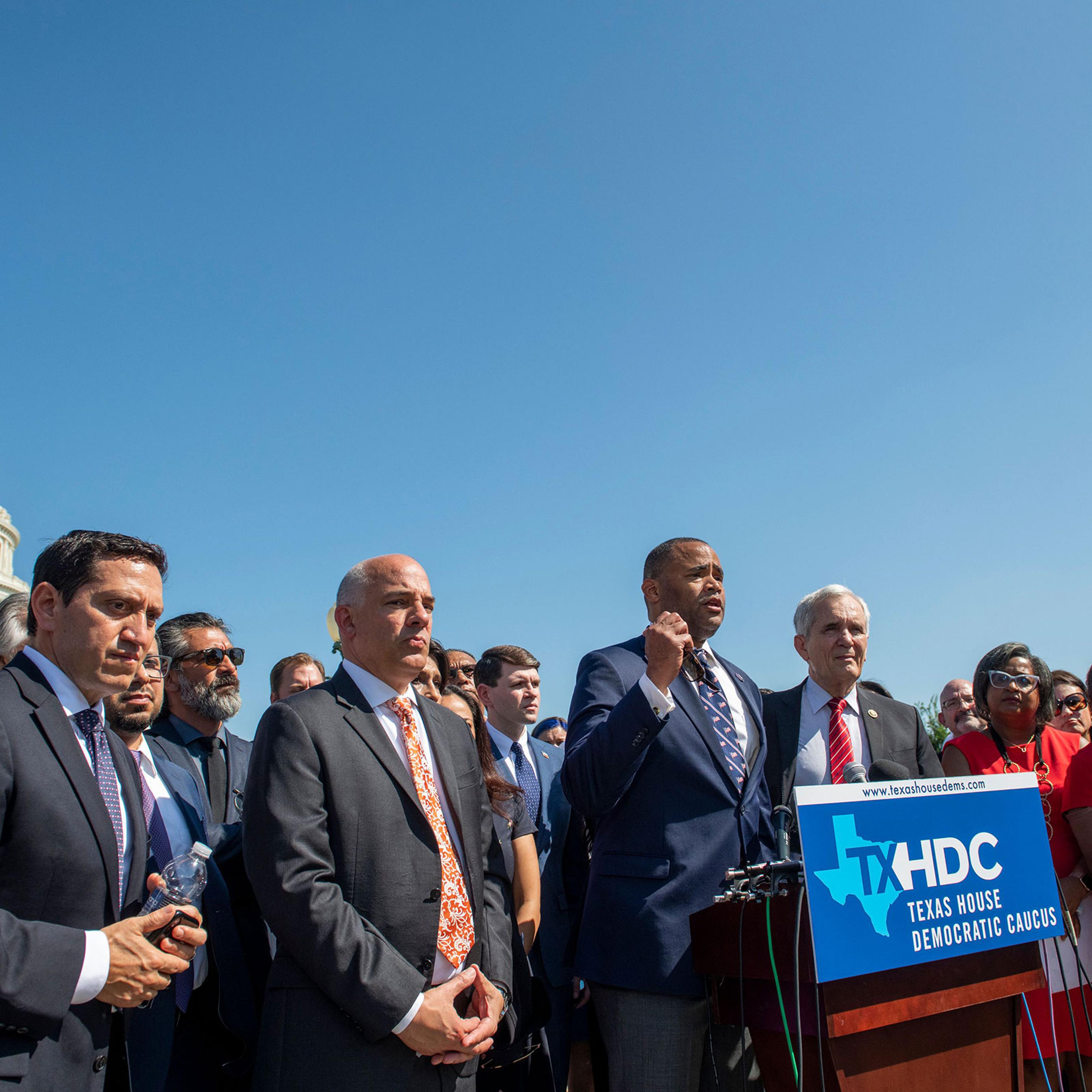 Congressmen Rep. Marc Veasey speaks alongside Texas state House Democrats during a news conference on voting rights outside the Capitol in Washington on July 13, 2021.