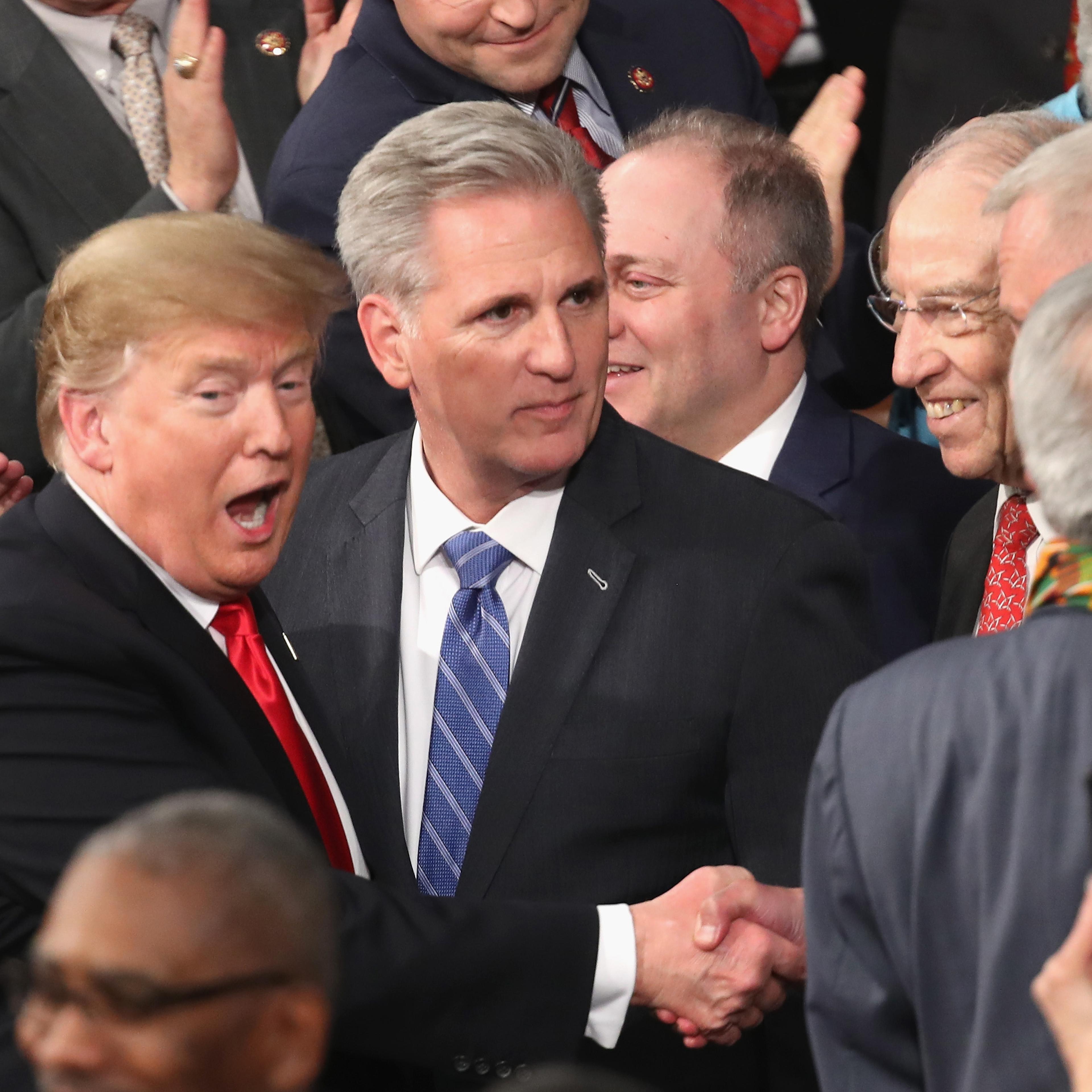 President Donald Trump greets lawmakers ahead of the State of the Union address in the chamber of the U.S. House of Representatives at the U.S. Capitol Building on February 5, 2019 in Washington, DC.