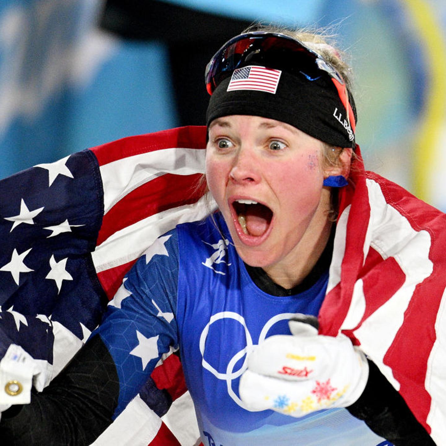 American Jessie Diggins celebrates after winning the bronze medal during the women's cross-country sprint free final at the Beijing Winter Olympics.