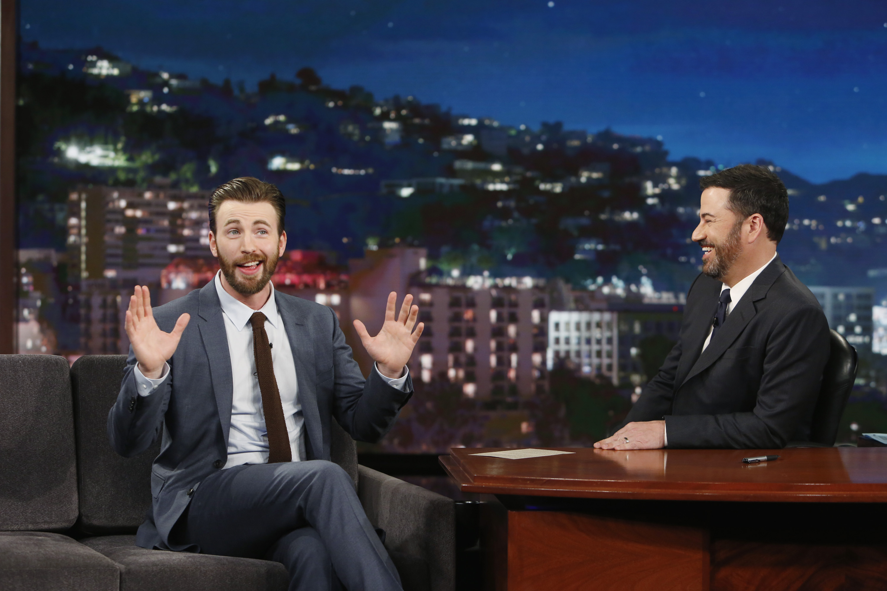 Chris Evans speaks to Jimmy Kimmel on Jimmy Kimmel Live April 11, 2016.