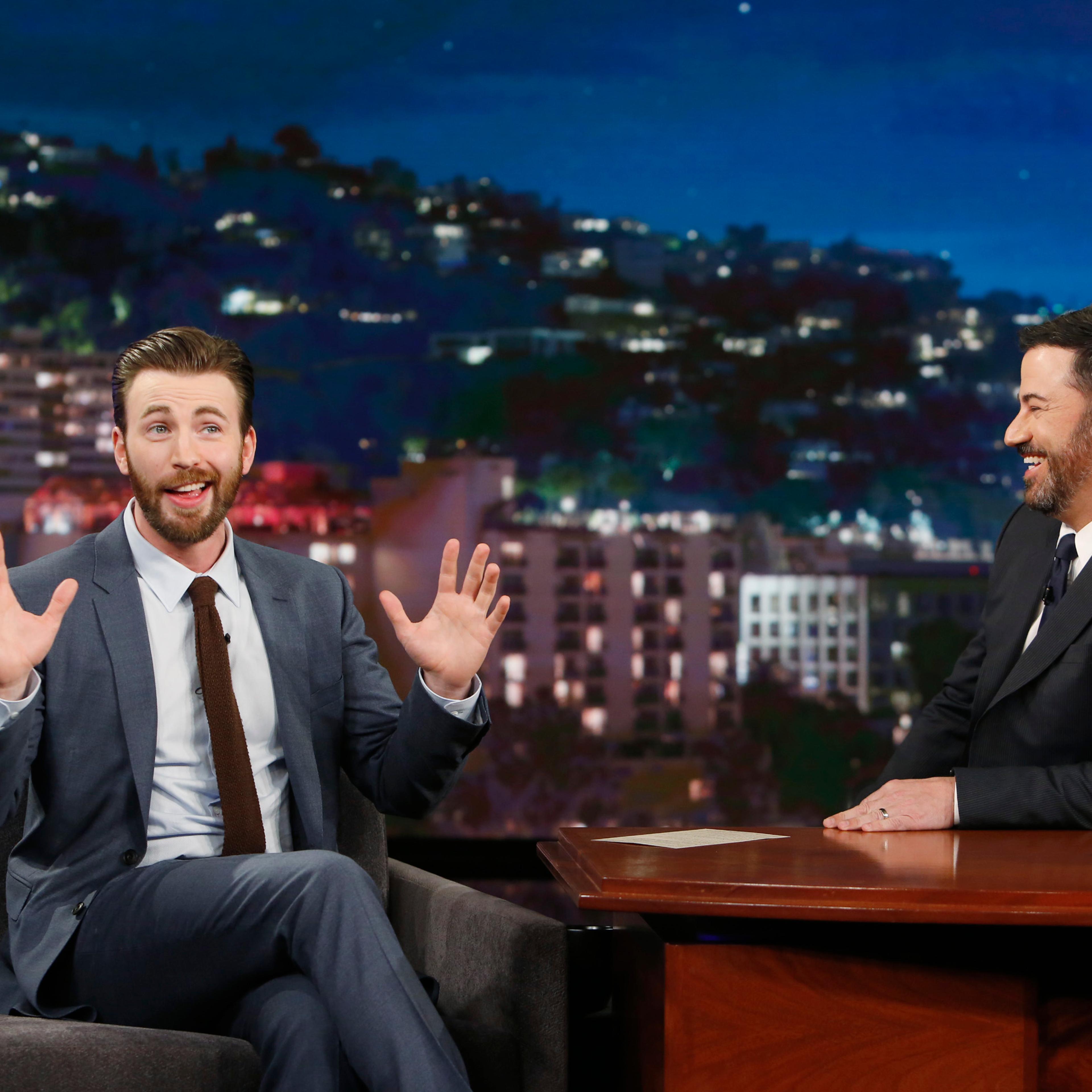Chris Evans speaks to Jimmy Kimmel on Jimmy Kimmel Live April 11, 2016.