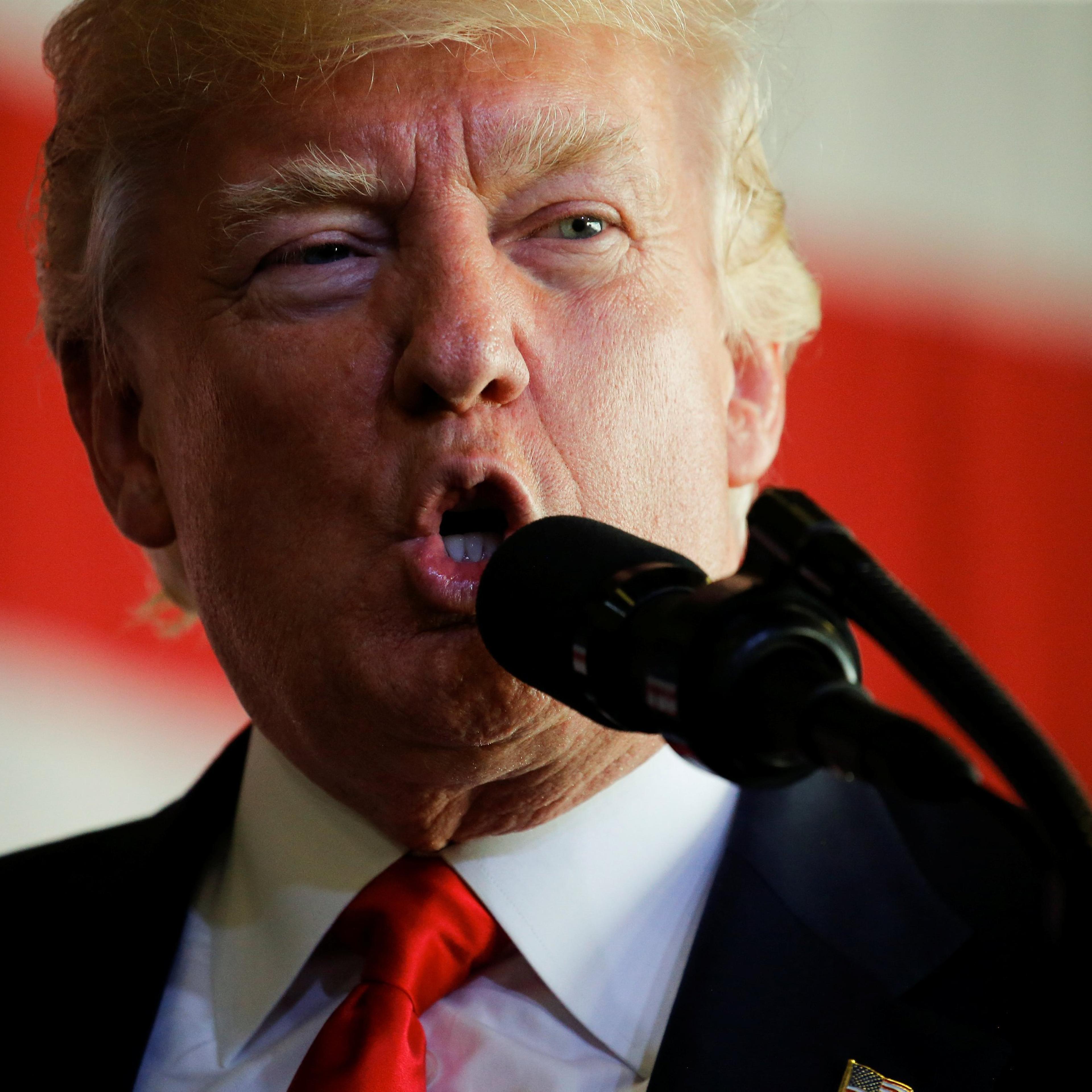 U.S. President Trump delivers remarks to U.S. troops at the Naval Air Station Sigonella before returning to Washington D.C. at Sigonella Air Force Base in Sigonella