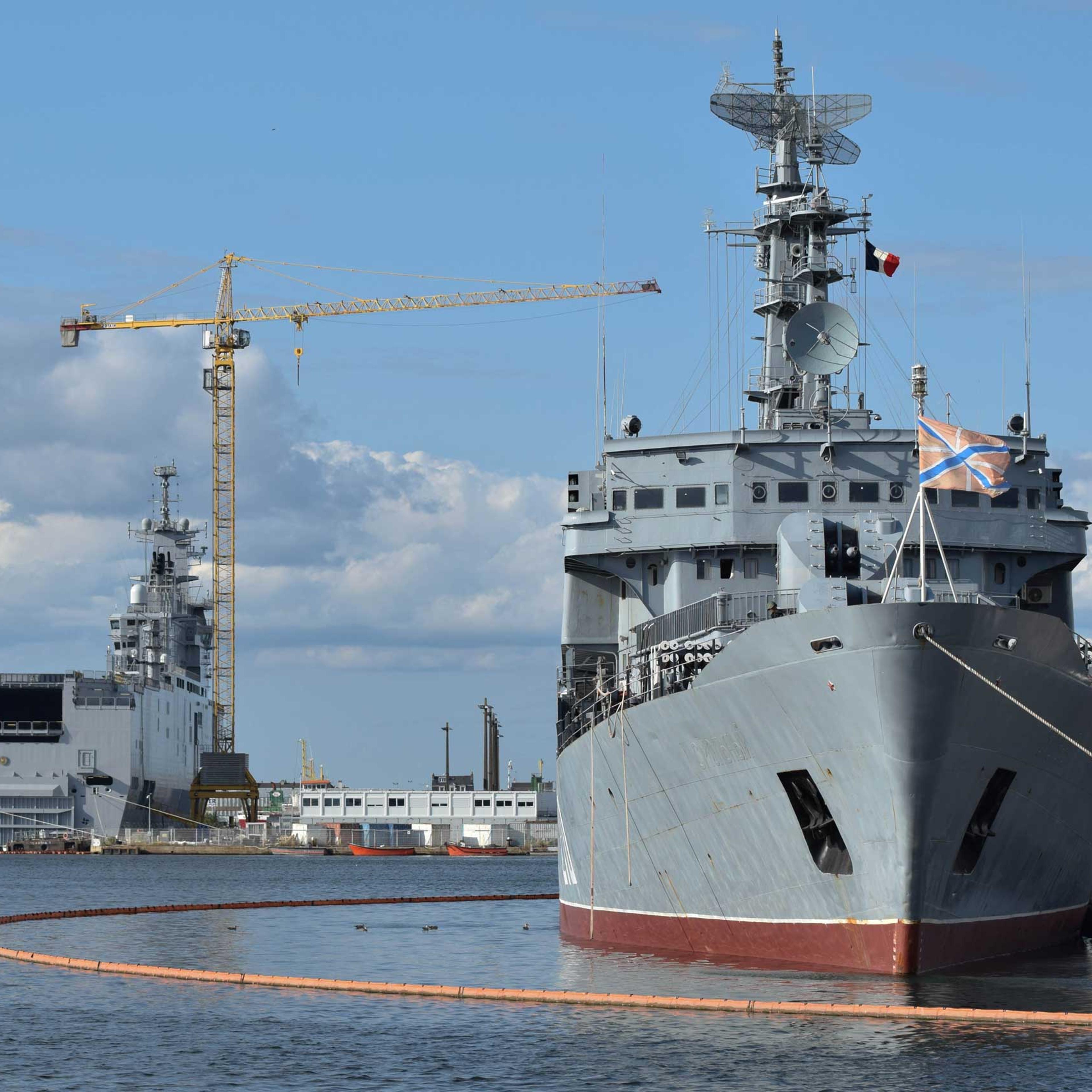 A Mistral-class amphibious assault ship is docked in the shipyard of Saint-Nazaire, Aug. 20, 2014, Saint-Nazaire, France.