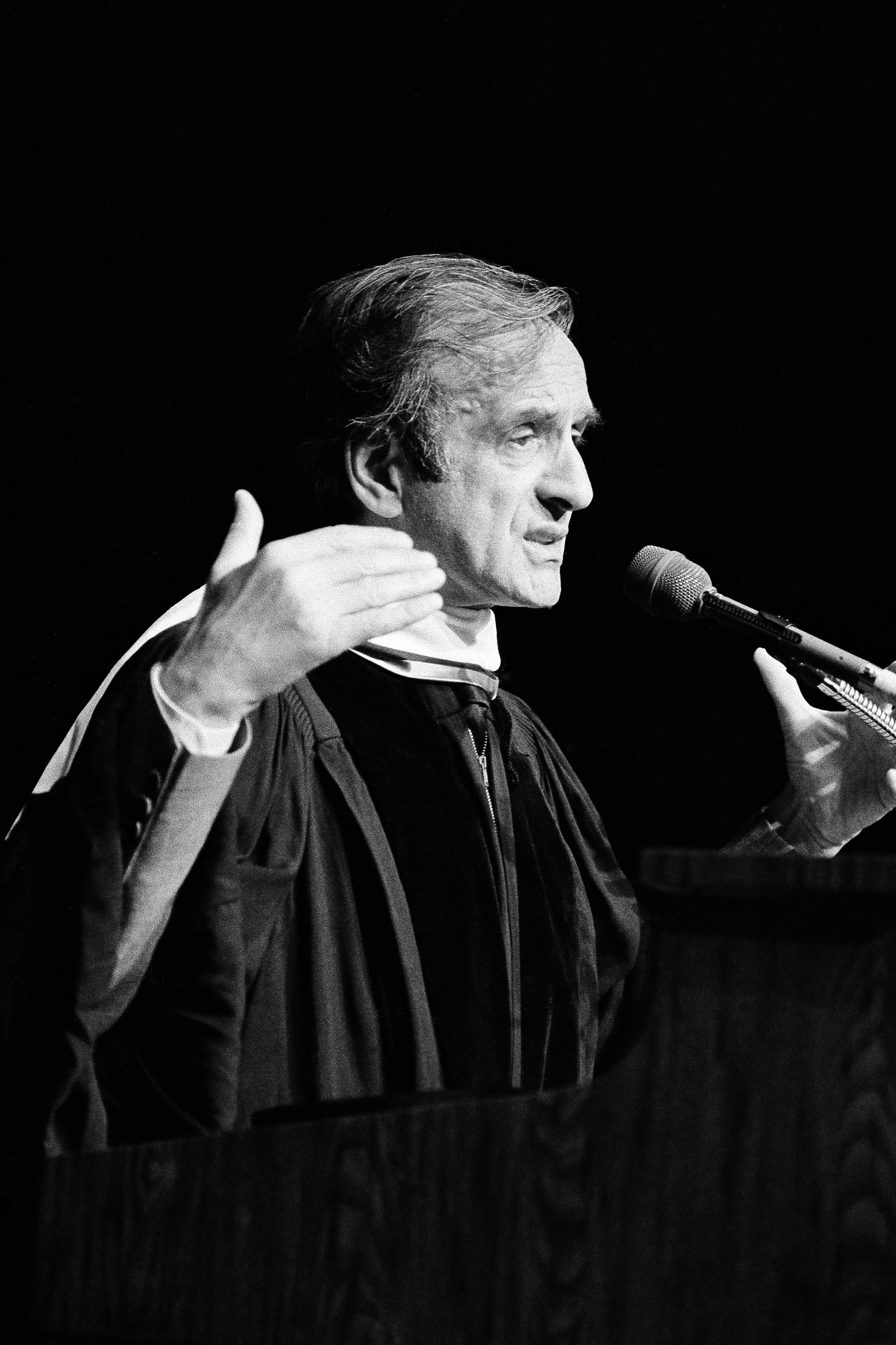 Elie Wiesel, an author internationally known for his depiction of the Holocaust, speaks after receiving an honorary degree from the University of Hartford in West Hartford, CT, on June 5, 1985.