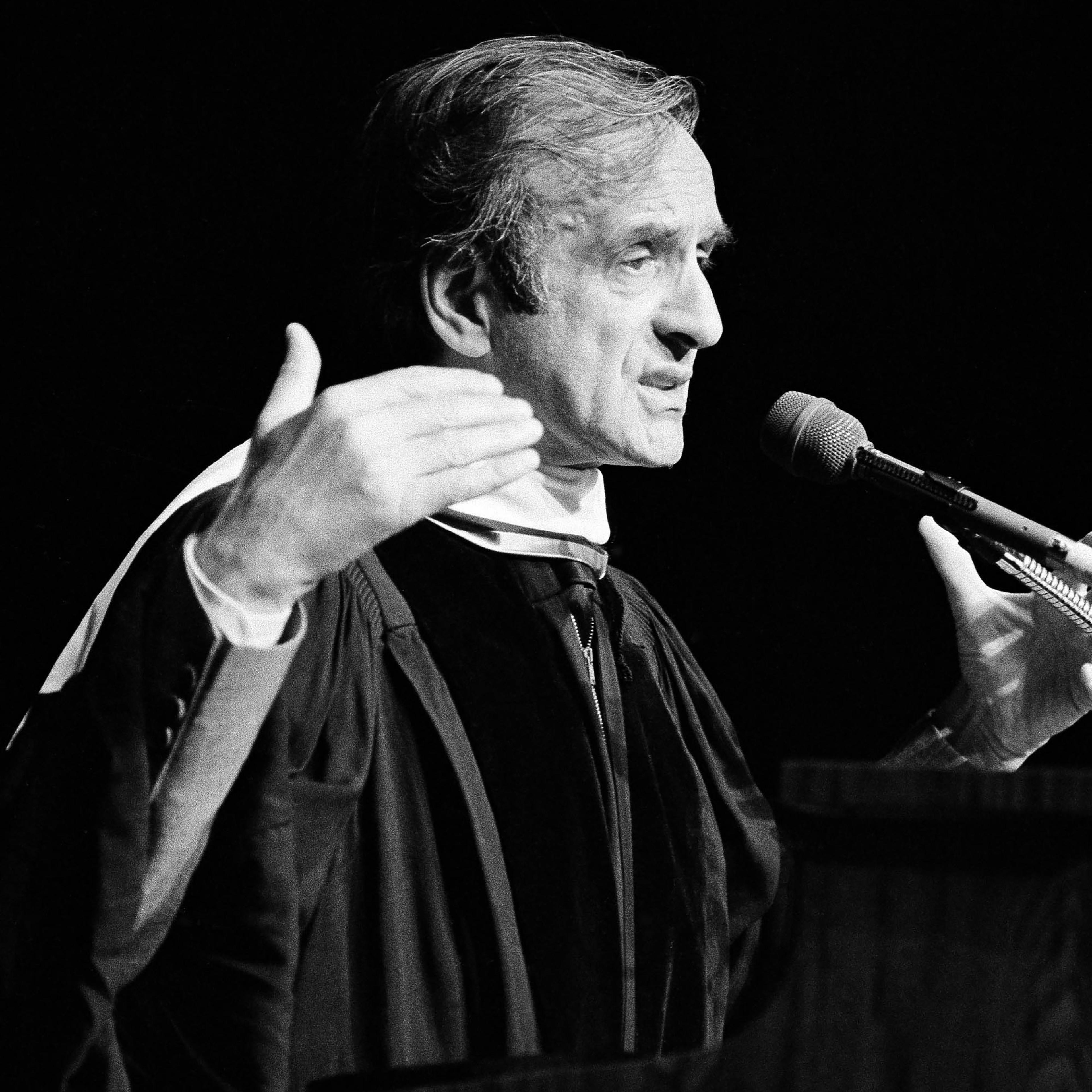 Elie Wiesel, an author internationally known for his depiction of the Holocaust, speaks after receiving an honorary degree from the University of Hartford in West Hartford, CT, on June 5, 1985.