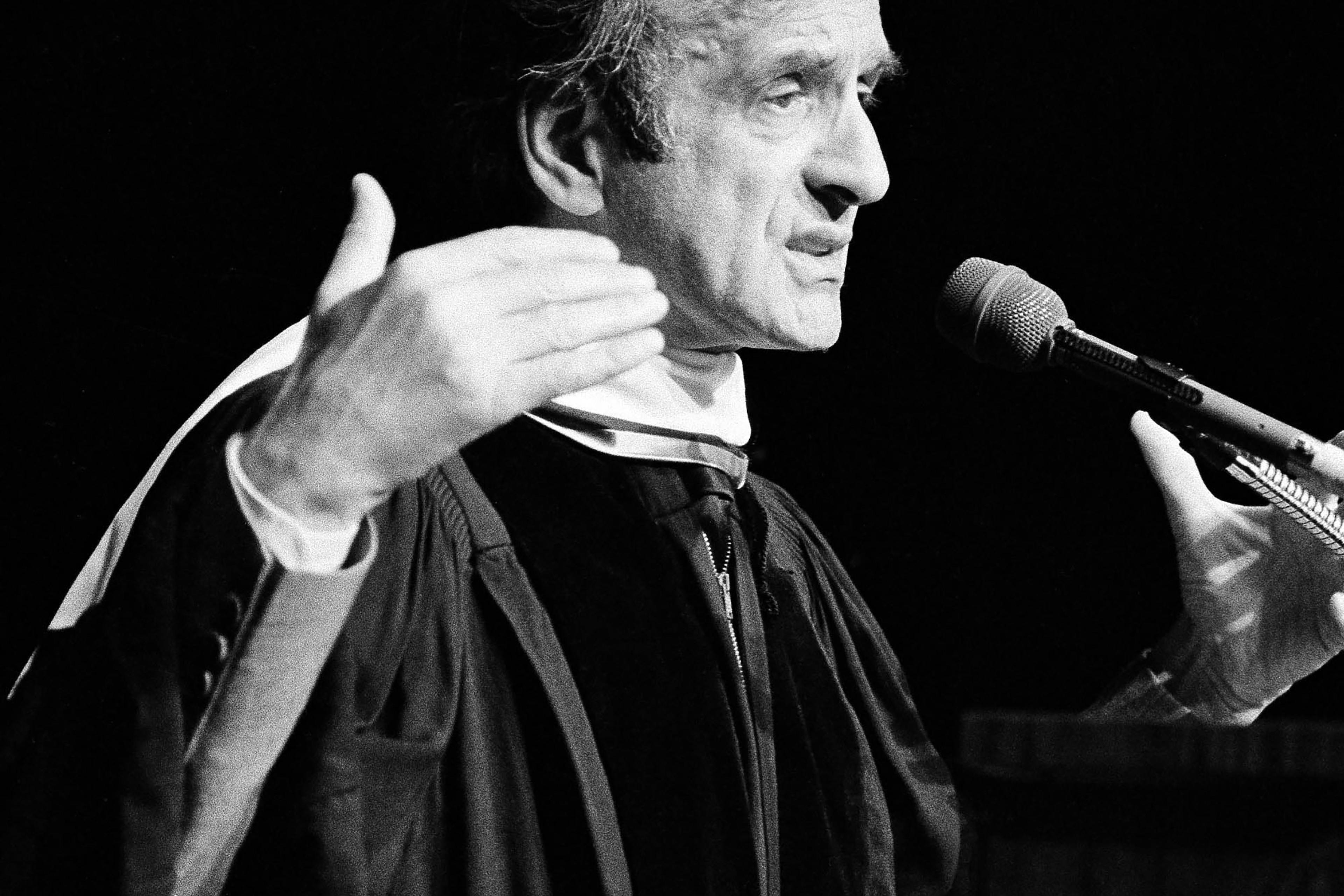 Elie Wiesel, an author internationally known for his depiction of the Holocaust, speaks after receiving an honorary degree from the University of Hartford in West Hartford, CT, on June 5, 1985.