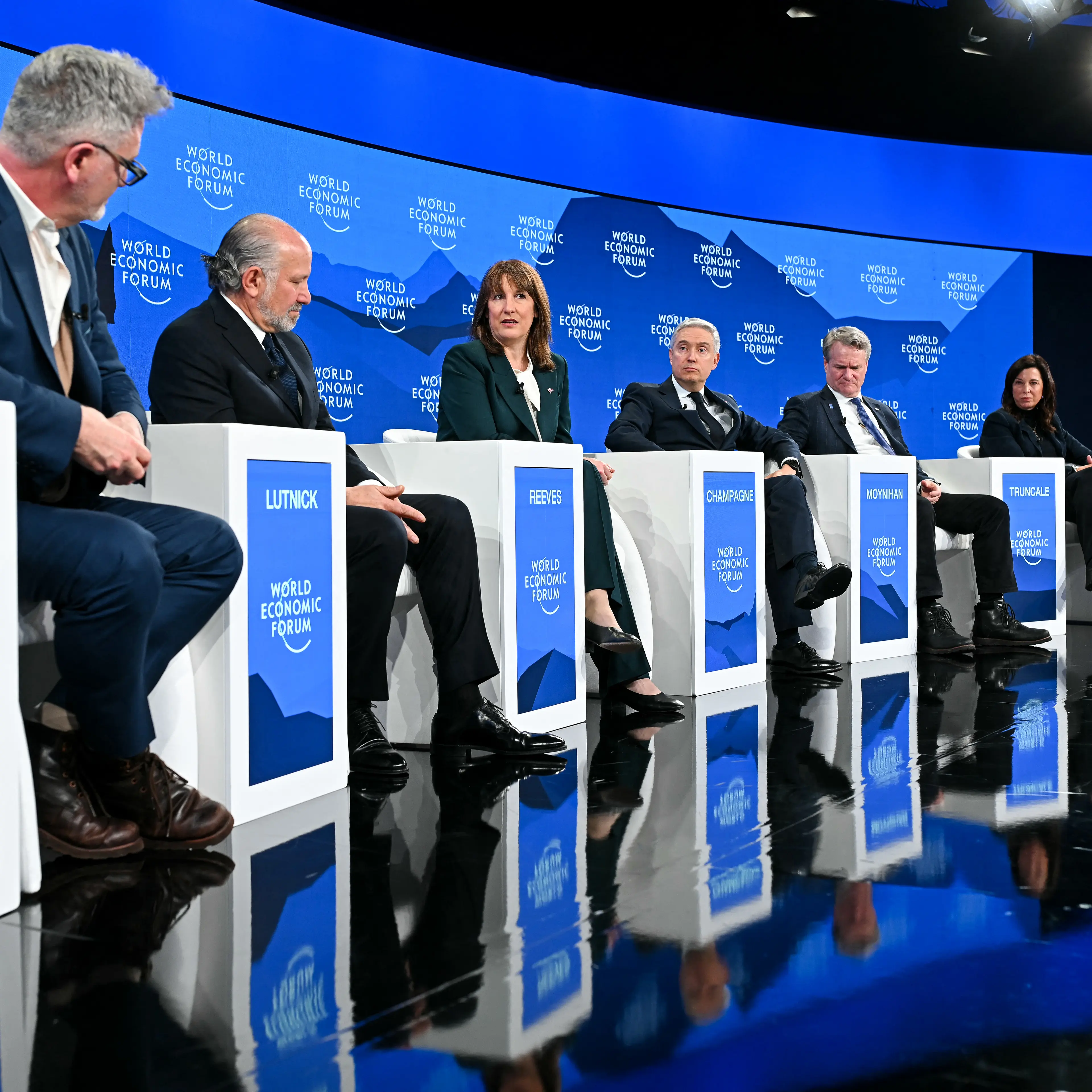 British-US historian Adam Tooze, U.S. Secretary of Commerce Howard Lutnick, Britain's Chancellor of the Exchequer Rachel Reeves, Canada's Minister of Finance and National Revenue Francois-Philippe Champagne, CEO of Bank of America Brian Moynihan, and CEO