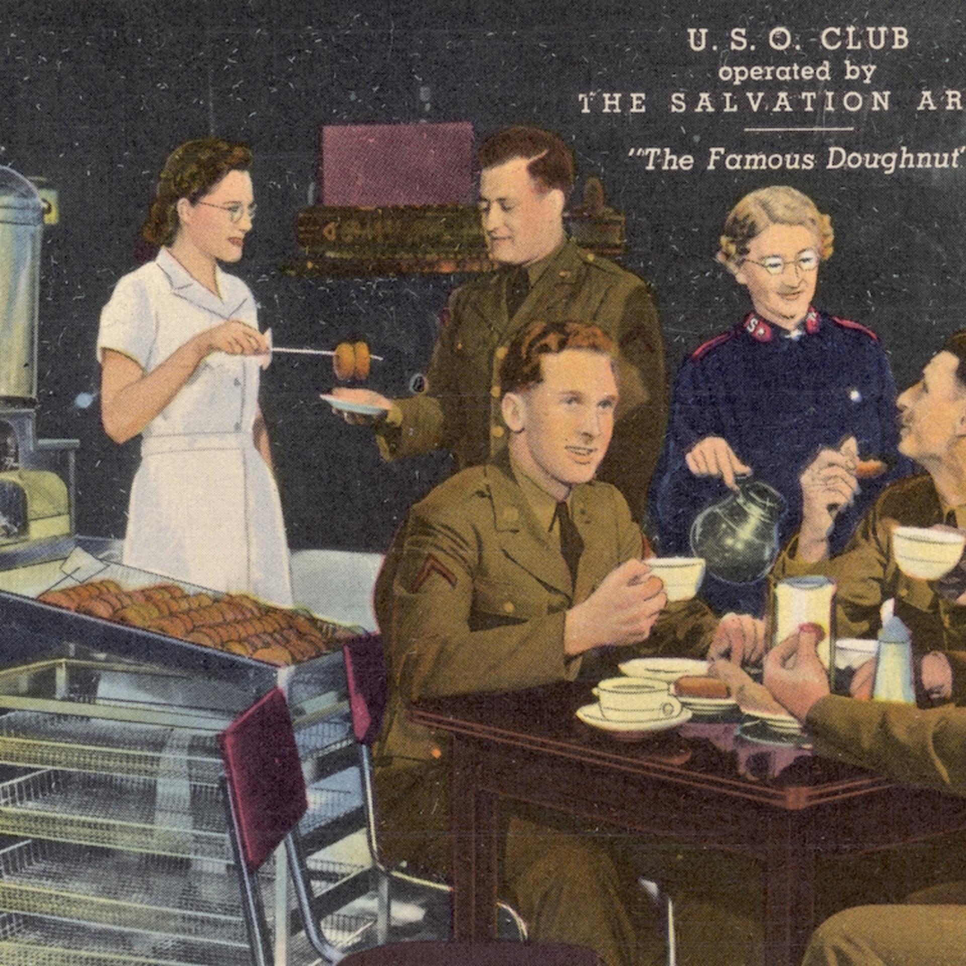 Officers at USO Club. ca. 1942, USA, 'A Home Away From Home' U.S.O. CLUB operated by THE SALVATION ARMY. 'The Famous Doughnut'