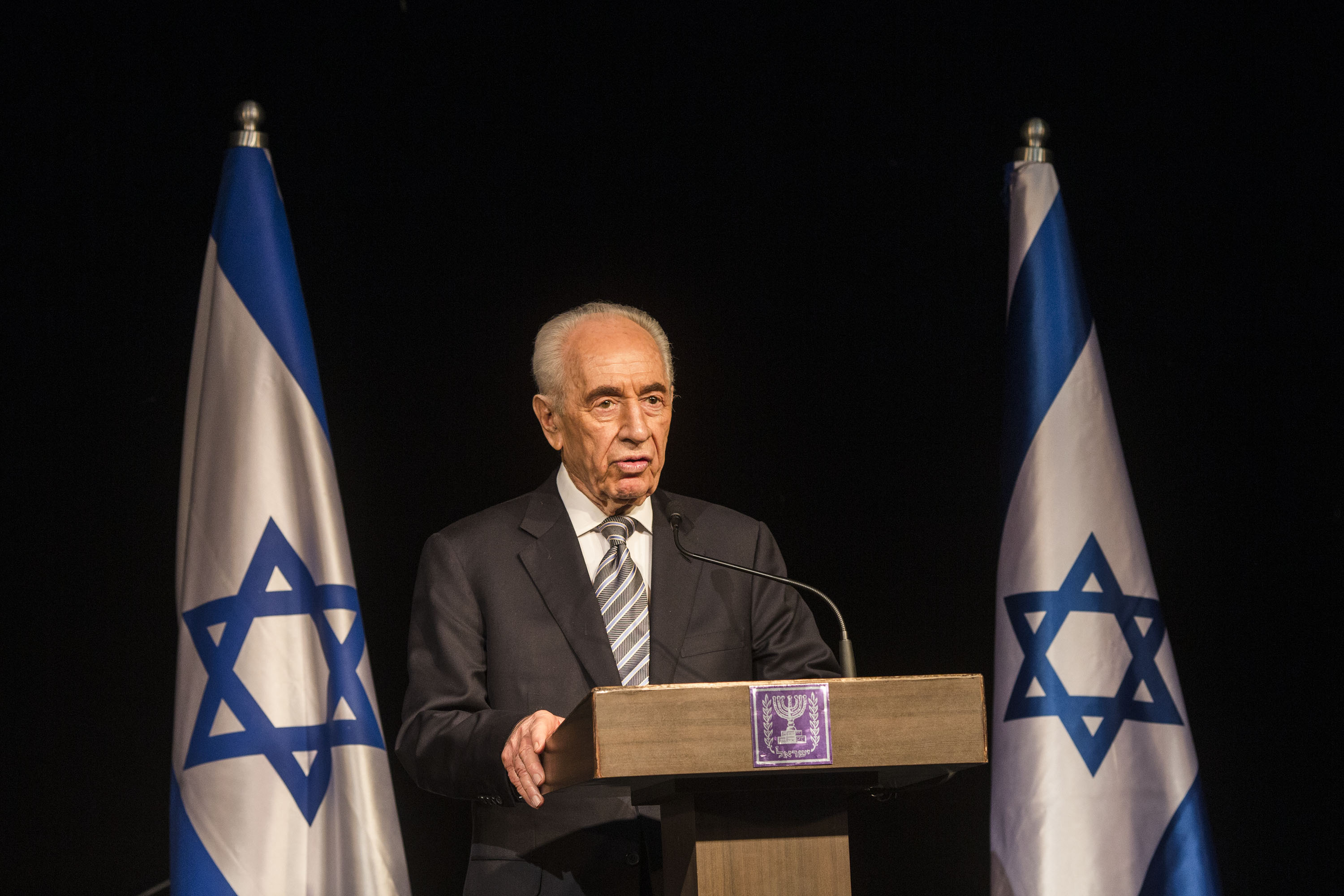 President Shimon Peres speaks during a press conference for foreign media in Sderot, Israel, on July 6, 2014.