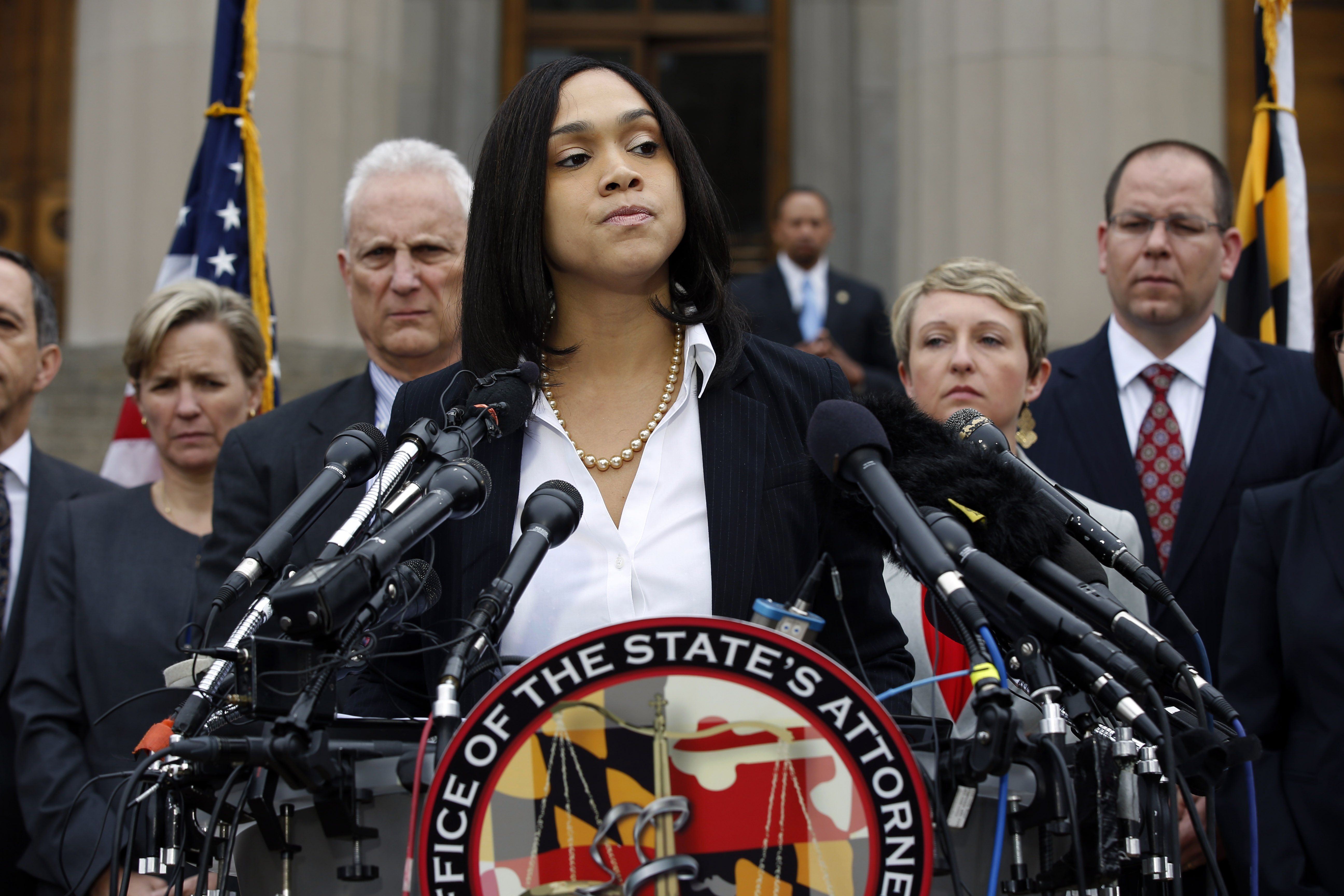 Marilyn Mosby, Baltimore state's attorney, pauses while speaking during a media availability on May 1, 2015 in Baltimore.