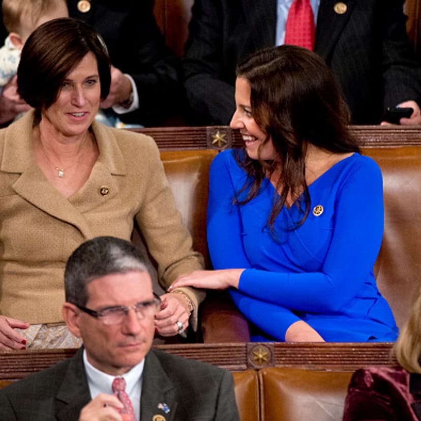 Reps. Elise Stefanik, R-N.Y., right, and Mimi Walters, R-Calif., are pictured during the election for Speaker before the 114th Congress was sworn in on the House floor, January 6, 2015.