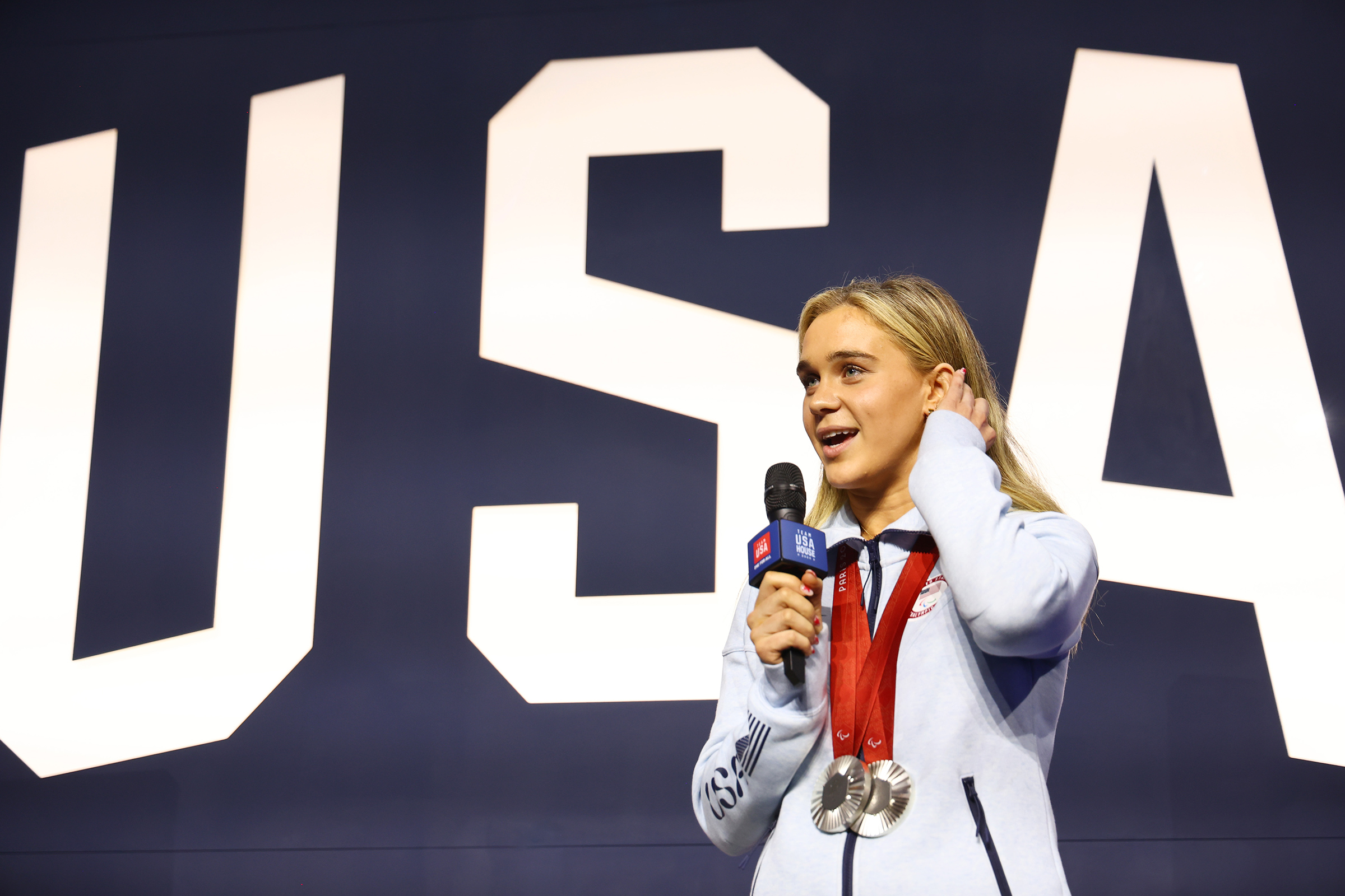 U.S. Paralympian Alexandra Truwit speaks onstage at the USA House at Paralympics Paris 2024 in Paris, on Sept. 7, 2024.