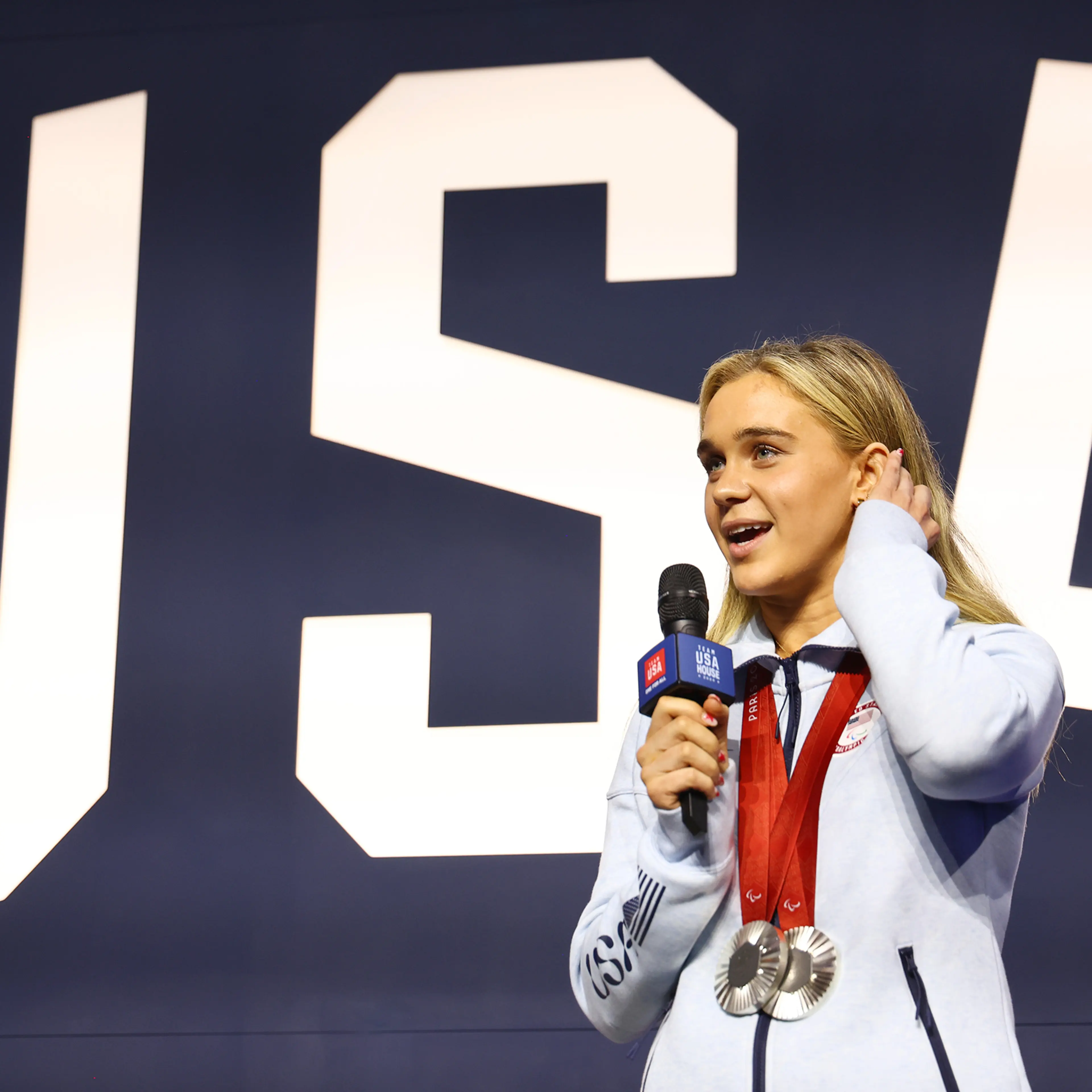 U.S. Paralympian Alexandra Truwit speaks onstage at the USA House at Paralympics Paris 2024 in Paris, on Sept. 7, 2024.