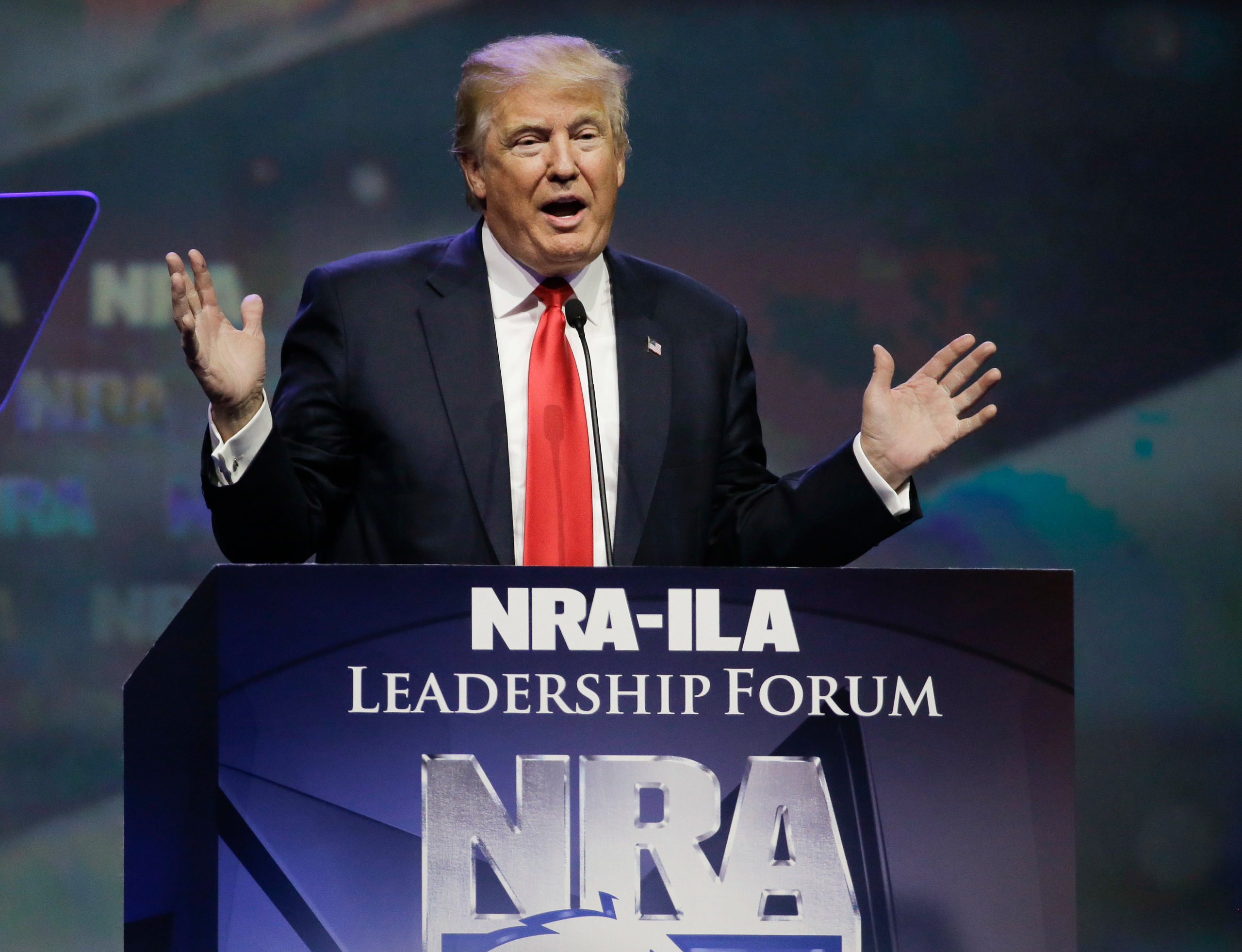 Republican presidential candidate Donald Trump speaks at the National Rifle Association convention, Friday, May 20, 2016, in Louisville, Ky. (AP Photo/Mark Humphrey)