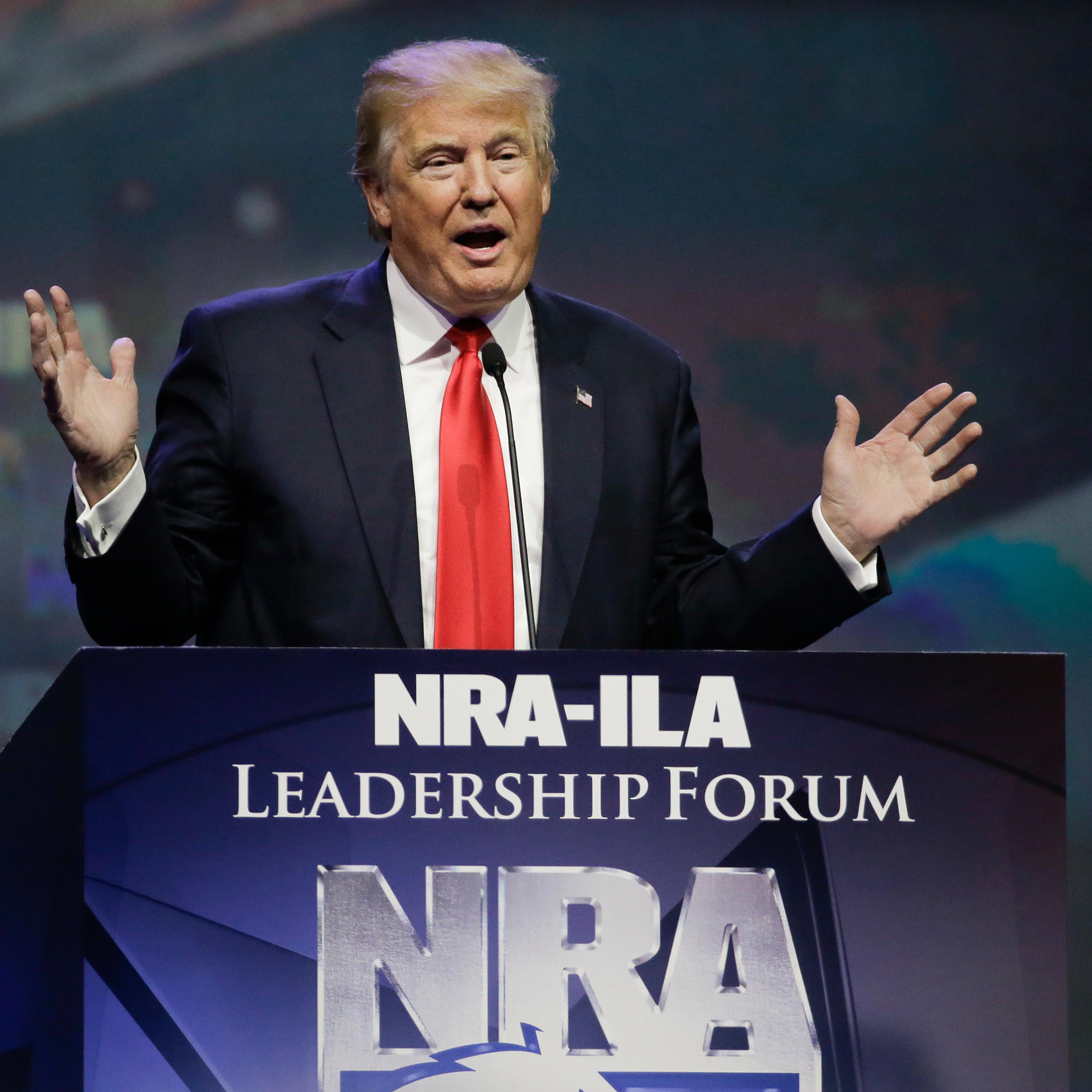 Republican presidential candidate Donald Trump speaks at the National Rifle Association convention, Friday, May 20, 2016, in Louisville, Ky. (AP Photo/Mark Humphrey)