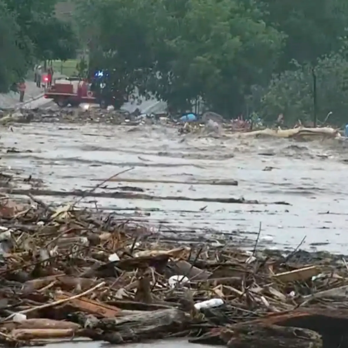 Water rises from severe flooding along the Guadalupe River.in Kerr County, Texas on Friday, July 4, 2025.