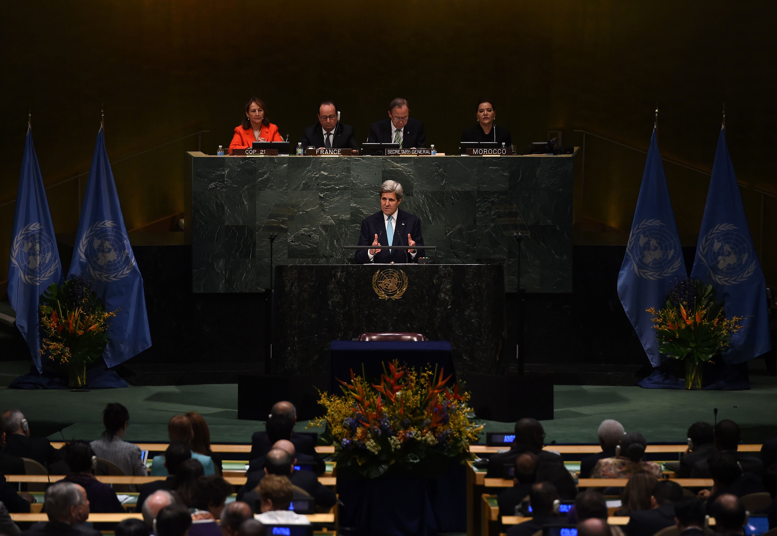 US Secretary of State John Kerry addresses the United Nations Opening Ceremony of the High-Level Event for the Signature of the Paris Agreement, April 22, 2016.