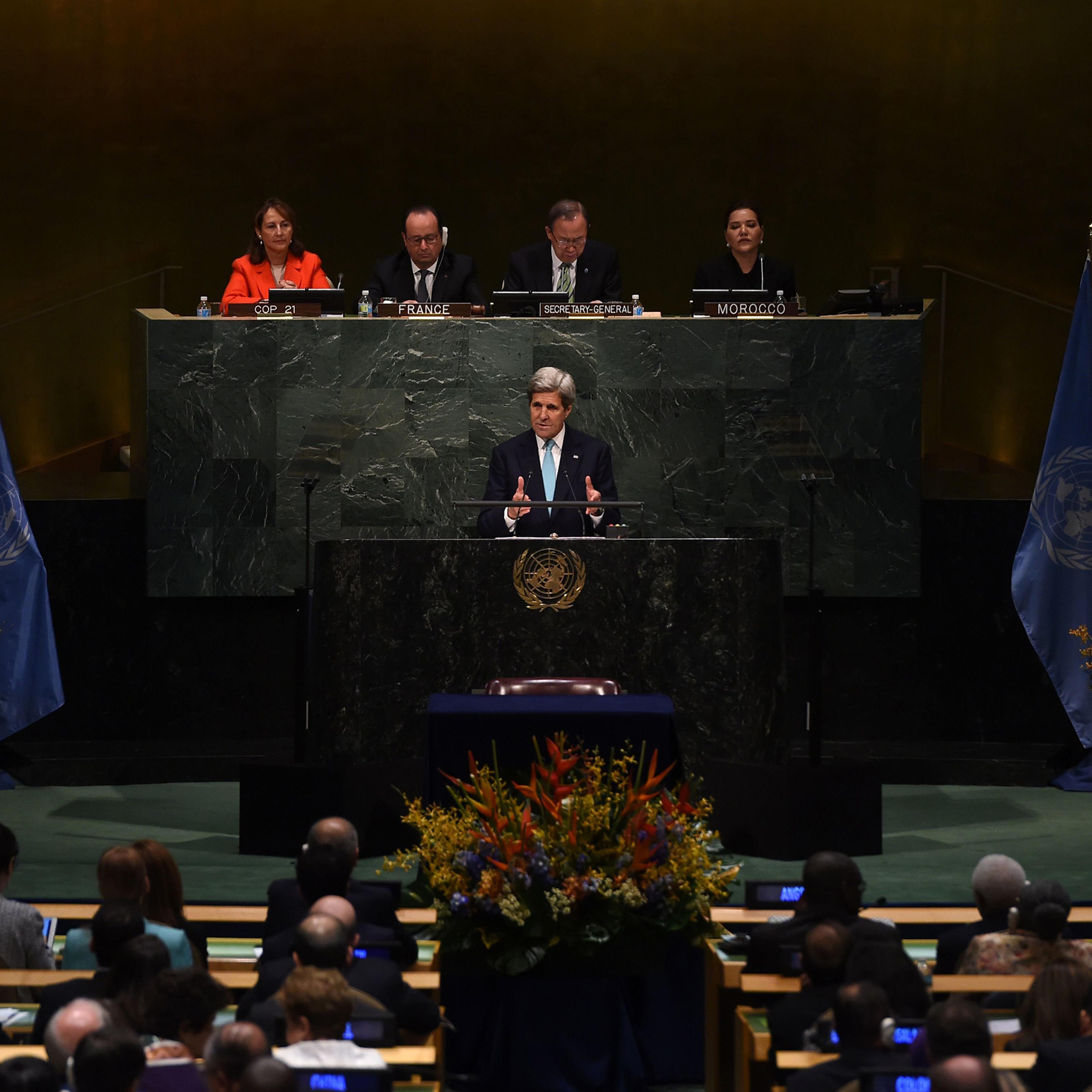 US Secretary of State John Kerry addresses the United Nations Opening Ceremony of the High-Level Event for the Signature of the Paris Agreement, April 22, 2016.