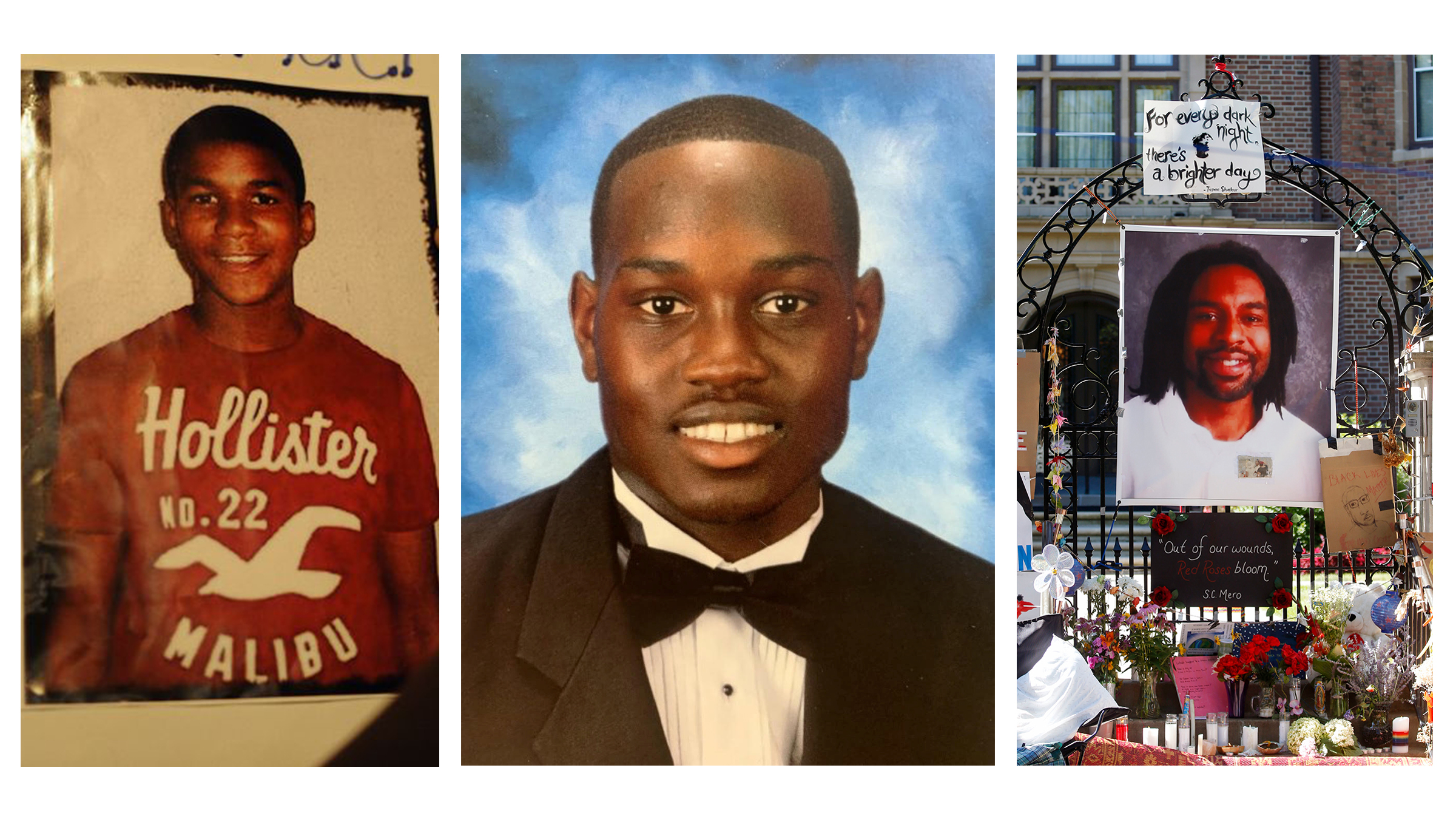 From left: a poster image of Trayvon Martin; a photo of Ahmaud Arbery; a memorial for Philando Castile