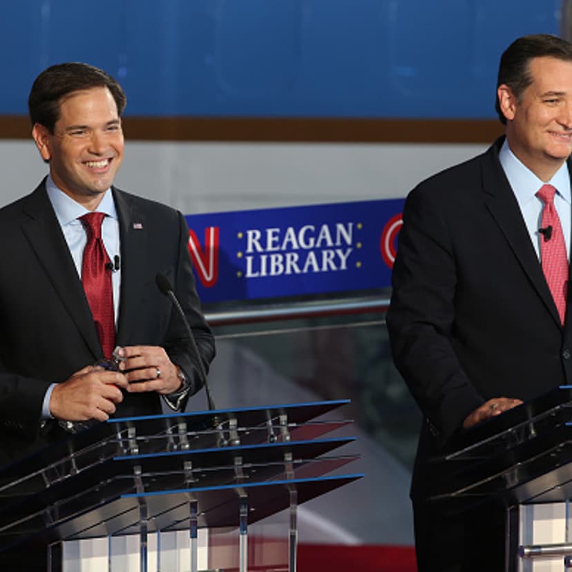 Republican presidential candidate Marco Rubio and Ted Cruz take part in the presidential debates at the Reagan Library on September 16, 2015 in Simi Valley, California.