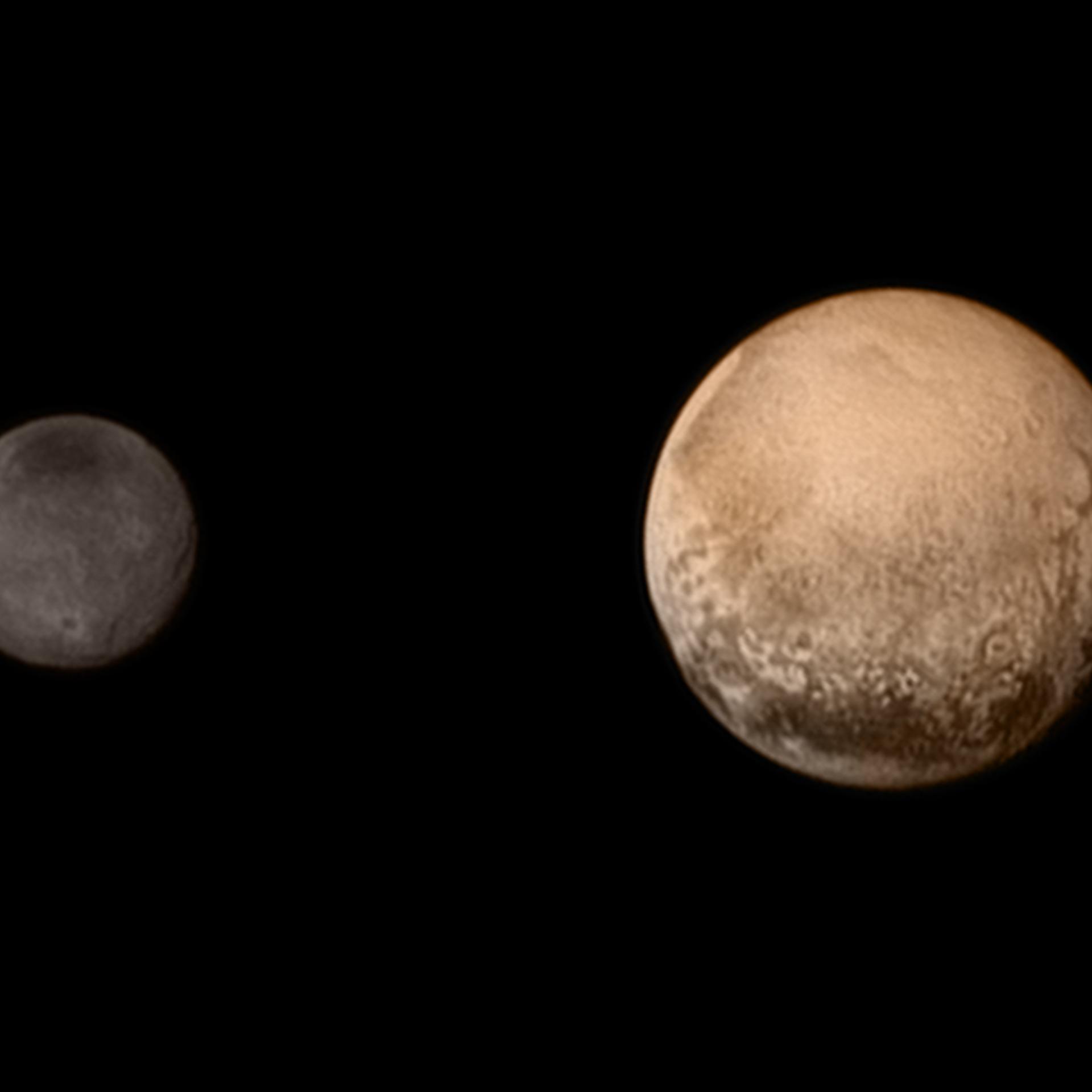 Pluto and Charon display striking color and brightness contrast in this composite image from July 11.