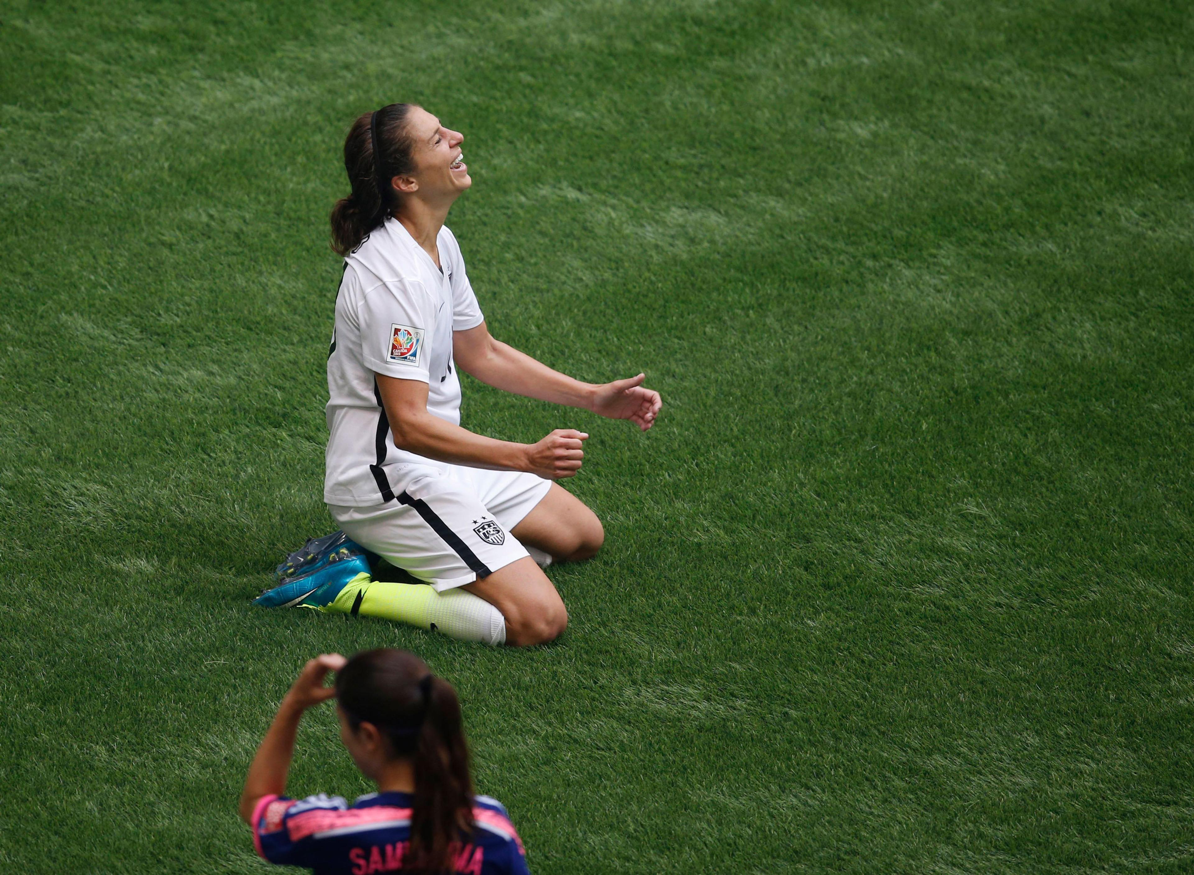 Jul 5, 2015; Vancouver, British Columbia, CAN; United States midfielder Carli Lloyd (10) reacts after defeating Japan in the final of the FIFA 2015 Women's World Cup at BC Place Stadium. United States won 5-2. Mandatory Credit: Erich Schlegel-USA TODAY S
