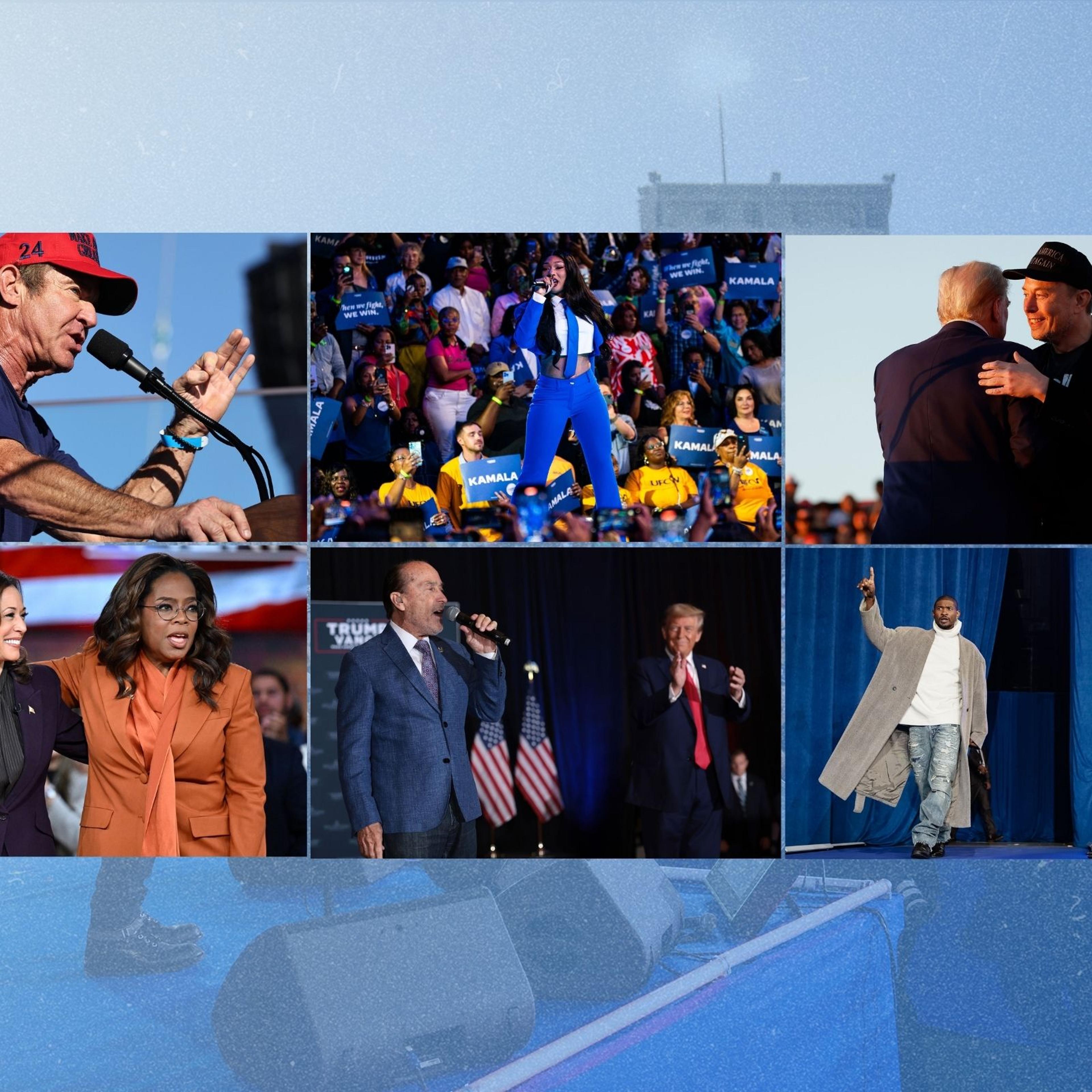 Clockwise from top left: Dennis Quaid, Megan Thee Stallion, Donald Trump and Elon Musk, Usher, Lee Greenwood and Trump, Kamala Harris and Oprah Winfrey