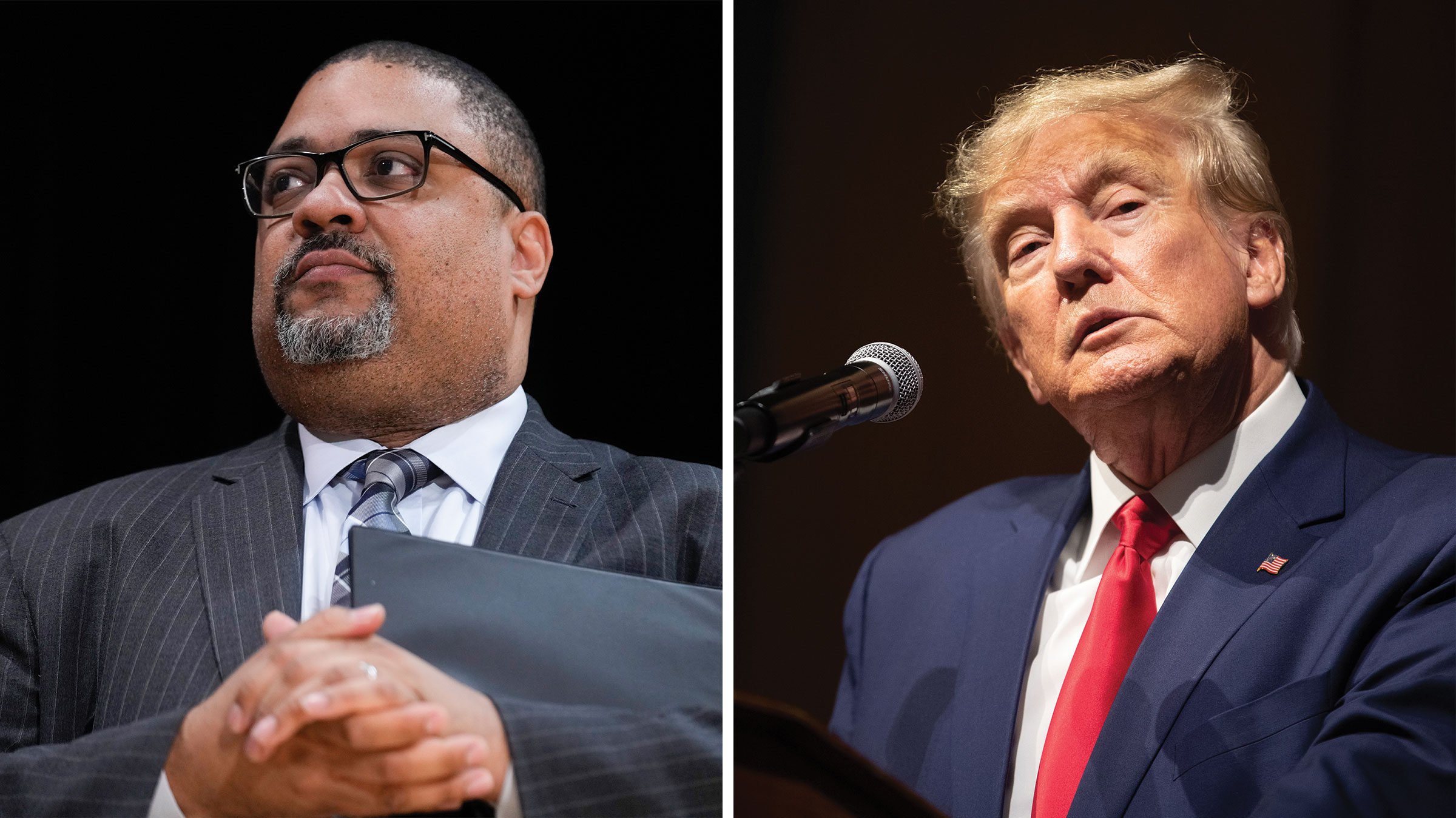 Left: Manhattan District Attorney Alvin Bragg; Right: Former U.S. President Donald Trump
