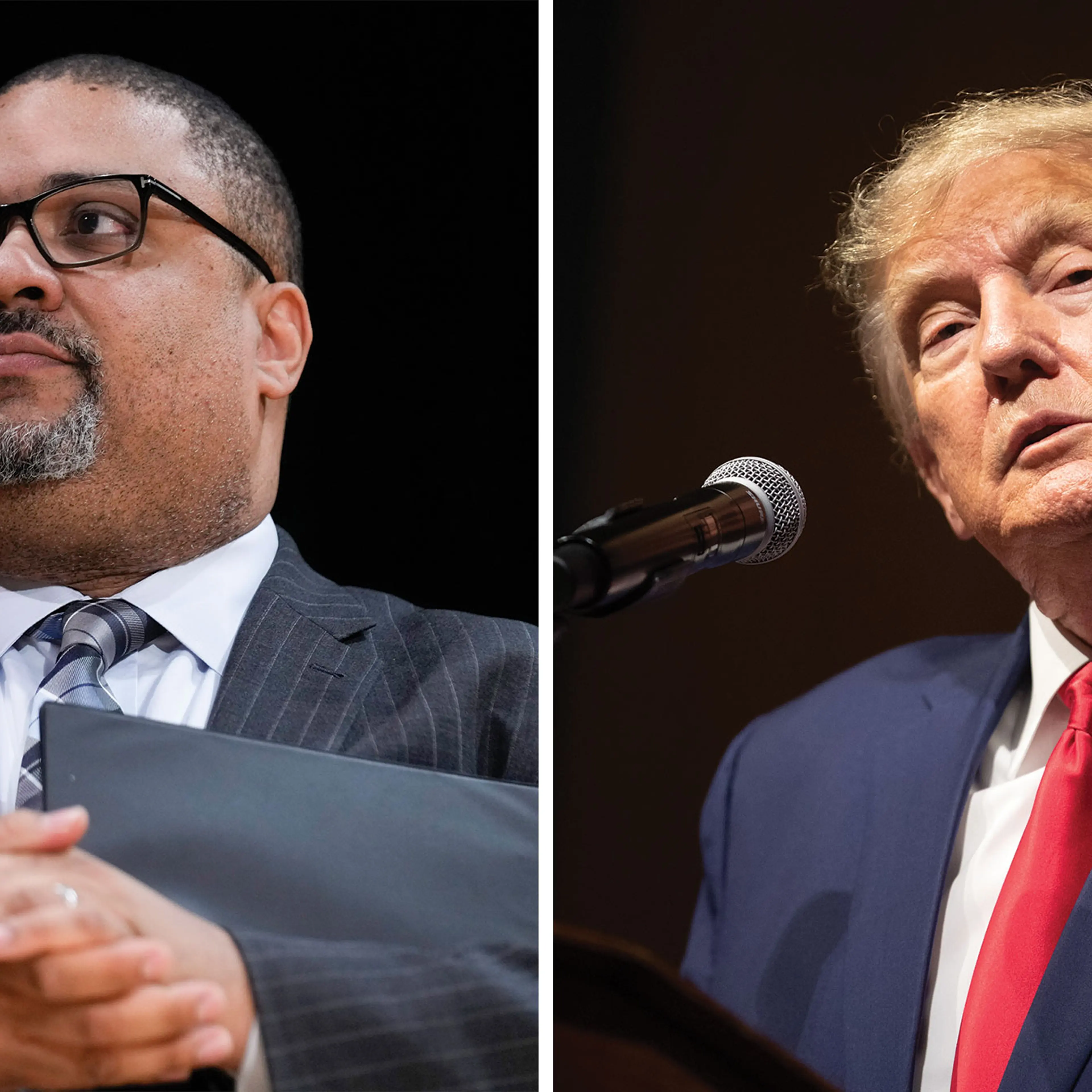 Left: Manhattan District Attorney Alvin Bragg; Right: Former U.S. President Donald Trump