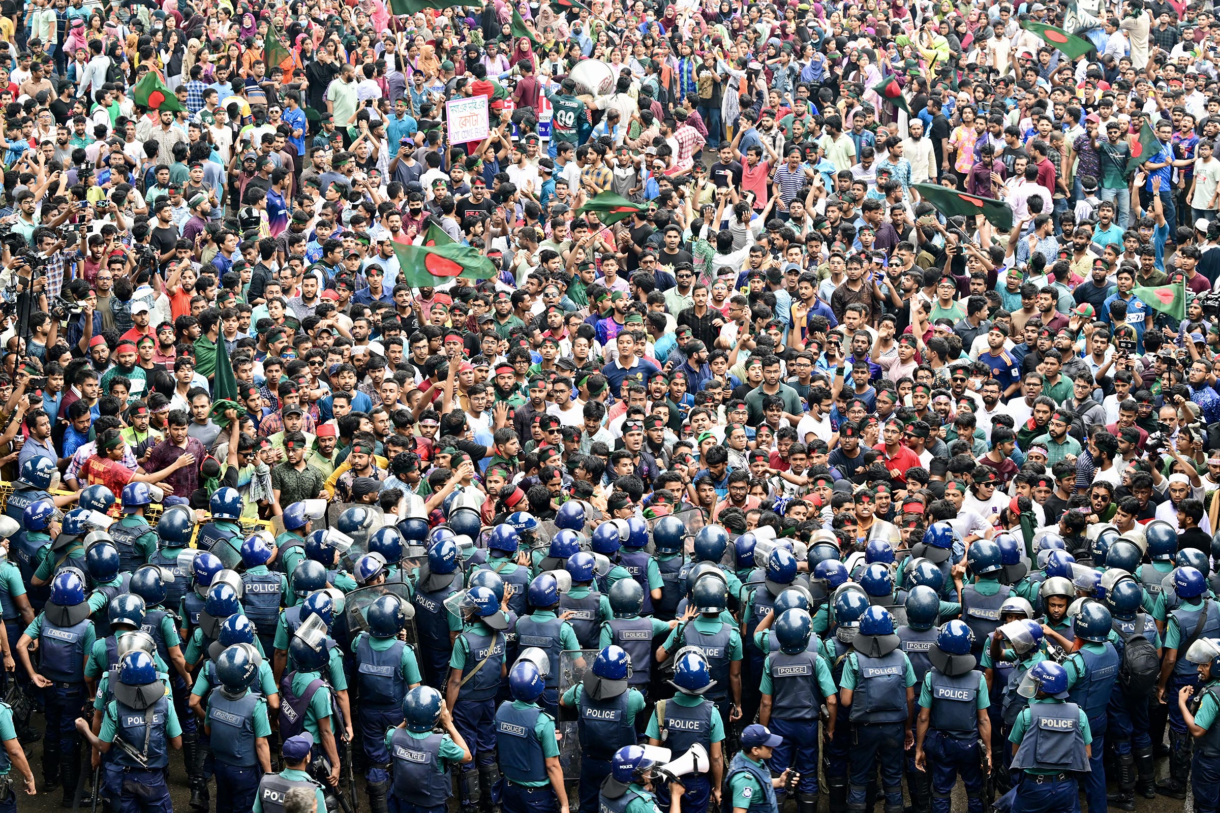 Students and protesters clash with police during a protest in Dhaka, Bangladesh, on July 11, 2024.