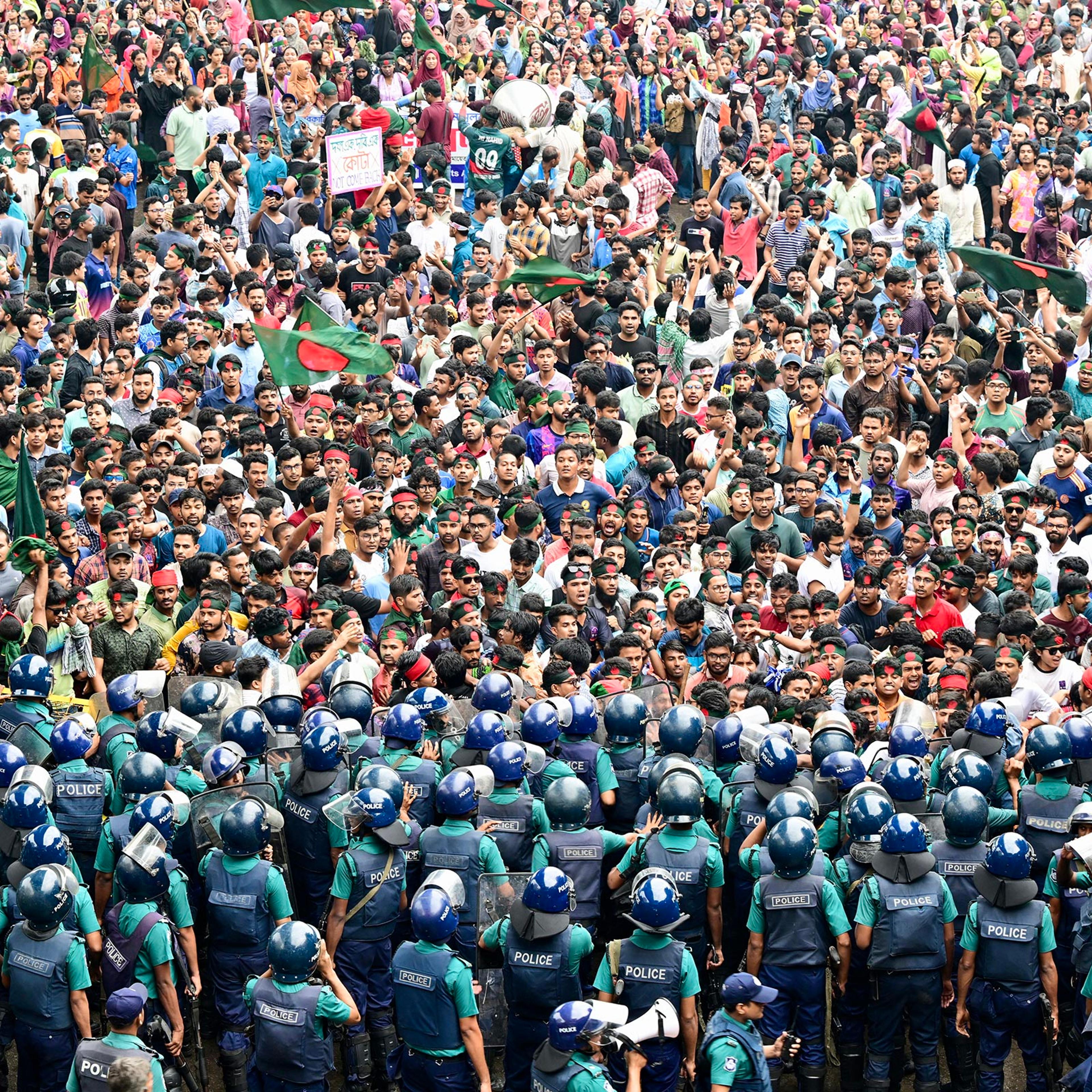 Students and protesters clash with police during a protest in Dhaka, Bangladesh, on July 11, 2024.