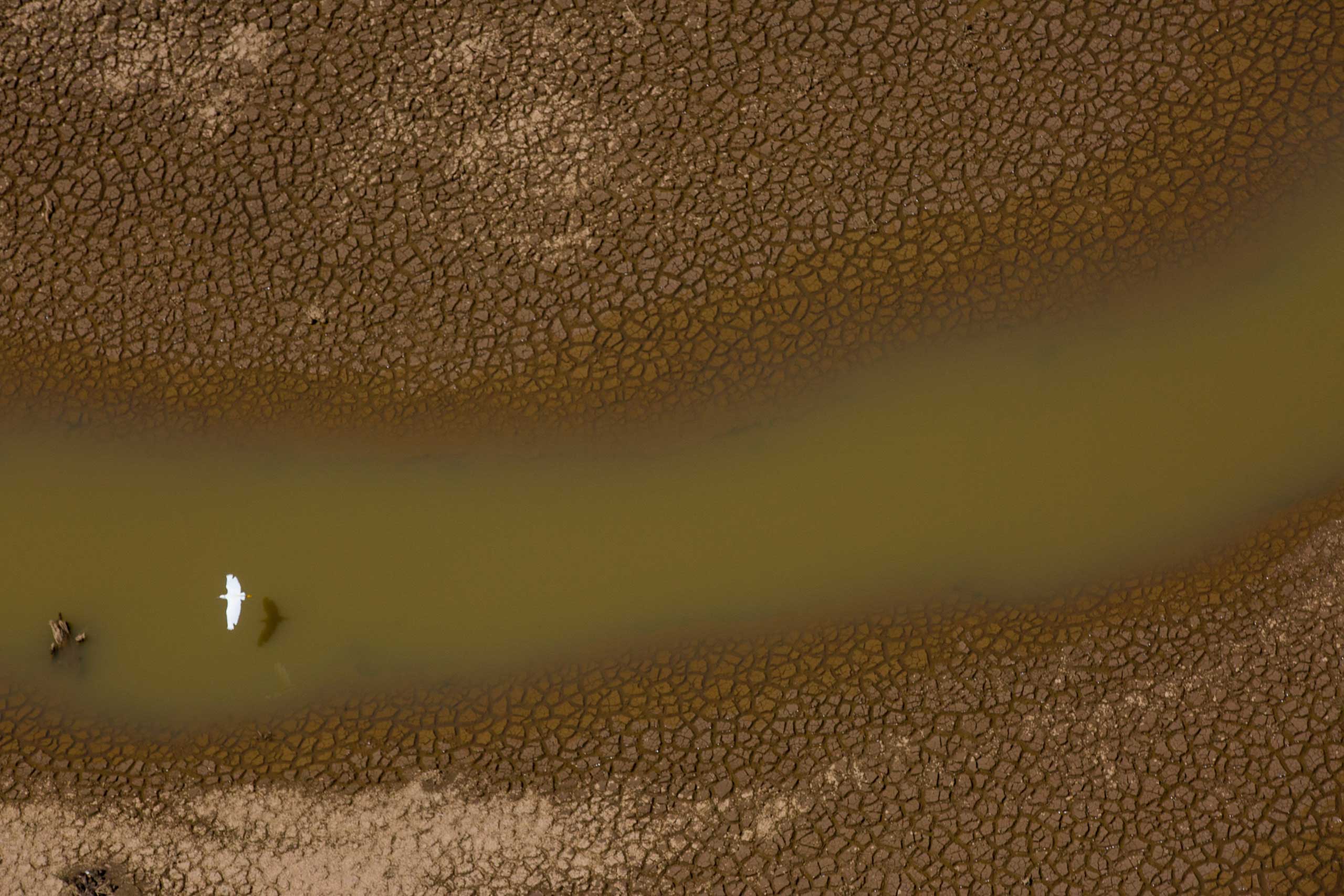 An aerial view of the Atibainha dam, part of the Cantareira reservoir, one of the main water reservoirs that supply the State of Sao Paulo, during a drought in Feb. 23, 2015 in Braganca Paulista,