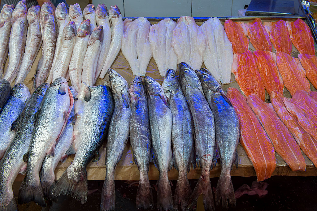CHILE - 2013/12/13: Market scene with fresh fish for sale in the market hall in Angelmo, Puerto Montt in southern Chile. (Photo by Wolfgang Kaehler/LightRocket via Getty Images)