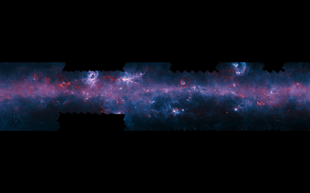 An image of the Milky Way, released to mark the completion of the APEX Telescope Large Area Survey of the Galaxy. The APEX telescope in Chile has mapped the full area of the Galactic Plane visible from the southern hemisphere for the first time at submil